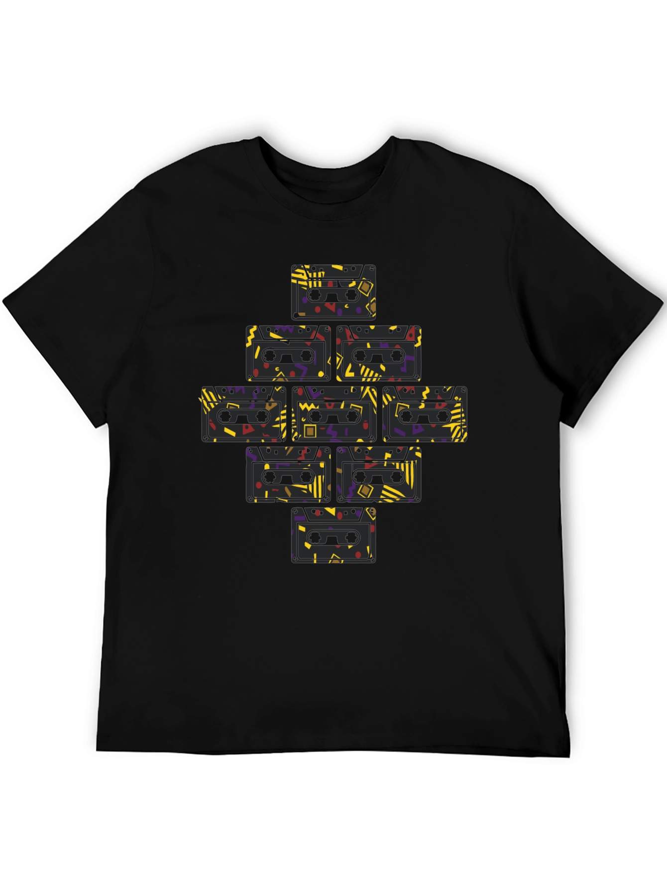 Black Retro Cassette Tape Pattern T-Shirt view 5