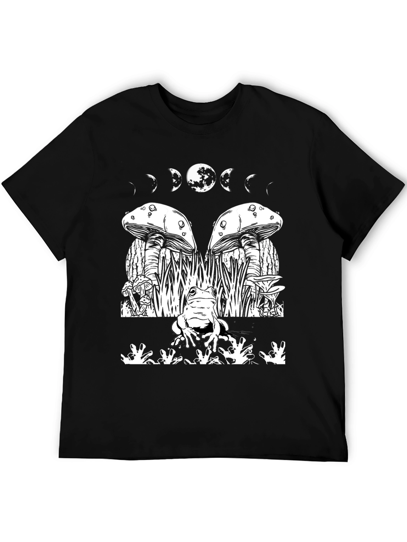 Black Mystic Frog Tee: Mushroom & Moon Phase Design view 5