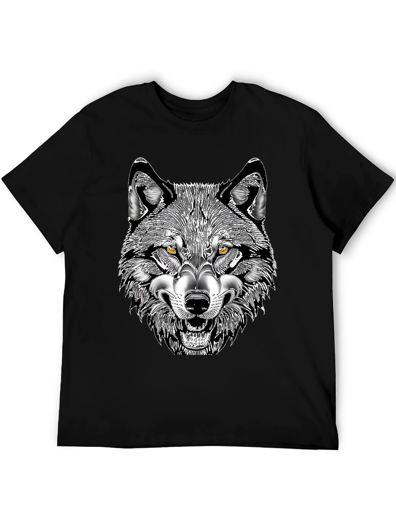 Black Men's Black T-Shirt with Wolf Graphic Print view 5