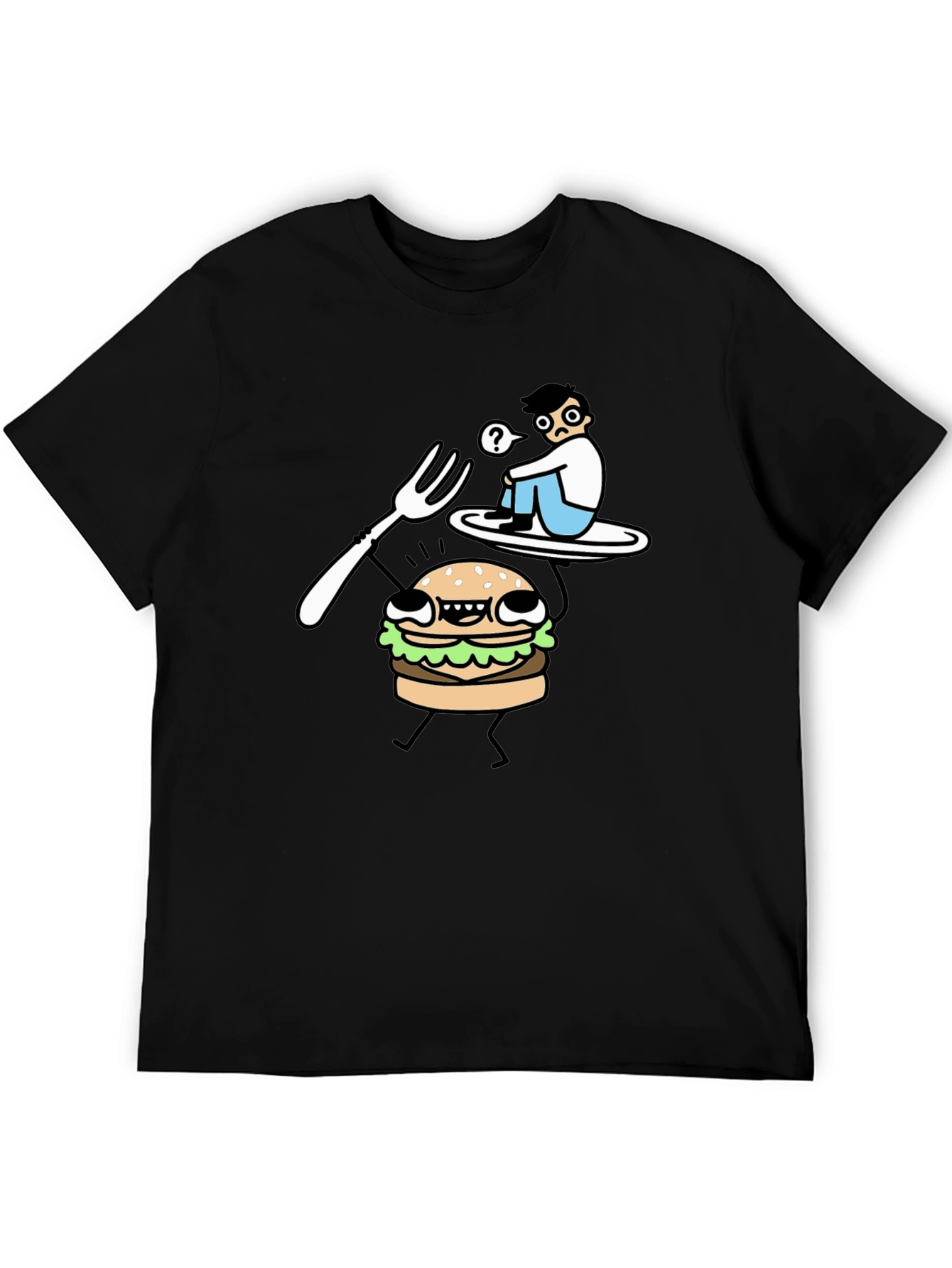 Black Funny Cartoon Burger T-Shirt - Black Cotton Tee view 5