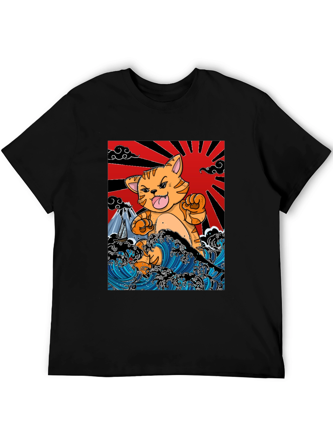 Black Japanese Cat Wave T-Shirt - Fun Graphic Tee view 5