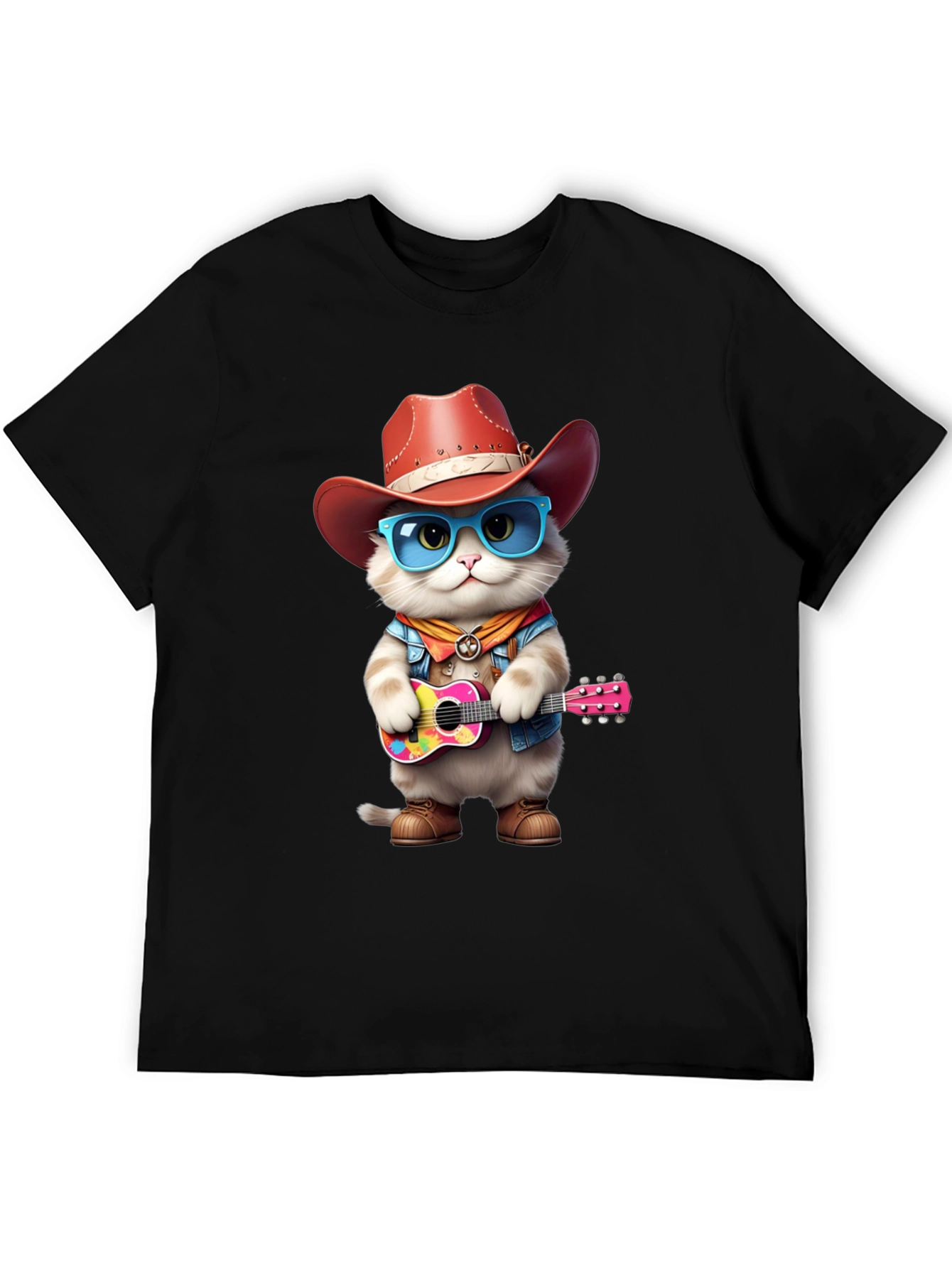 Black Cat Cowboy Guitar T-Shirt view 5