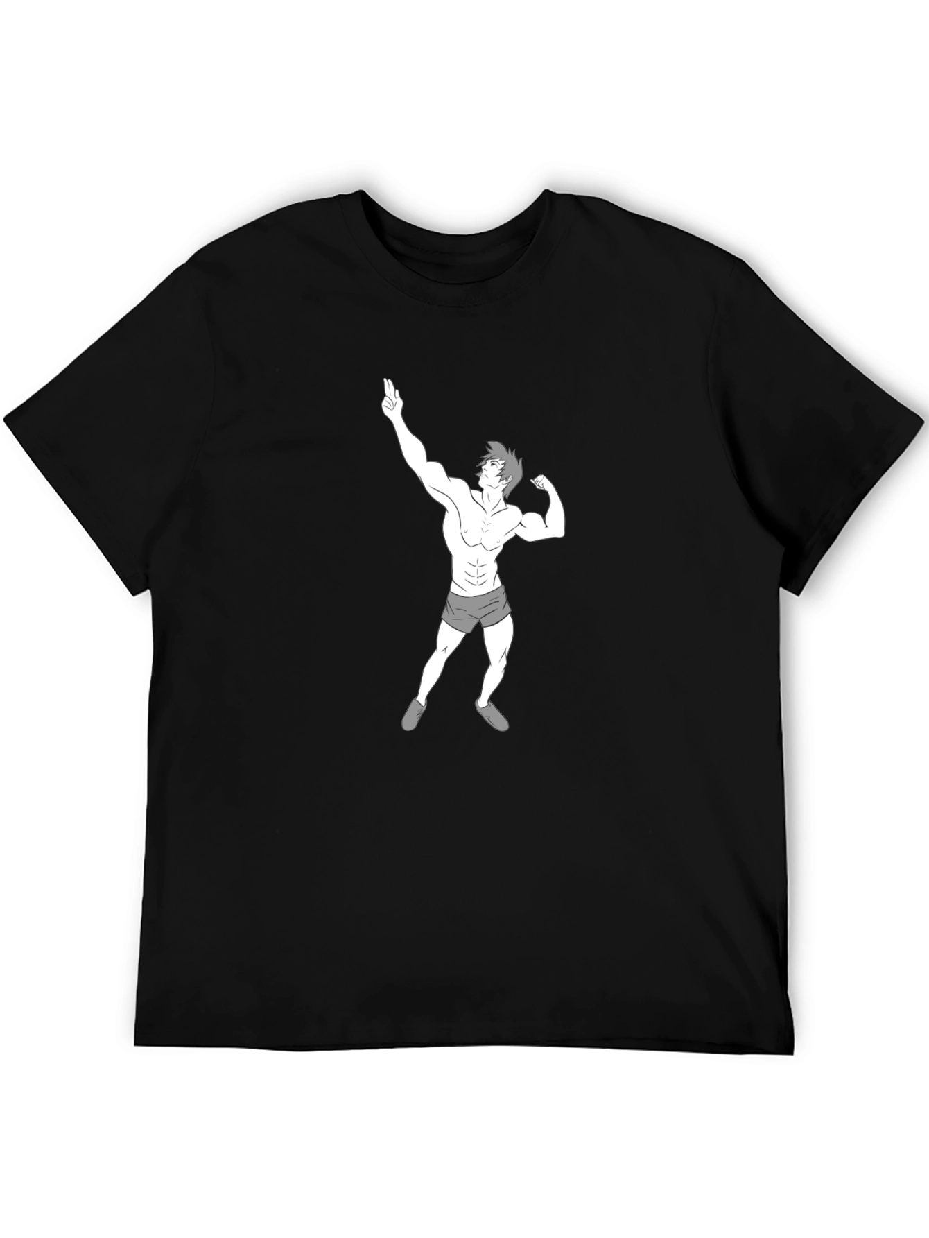 Black Men's Black T-Shirt with Cartoon Bodybuilder Graphic view 5