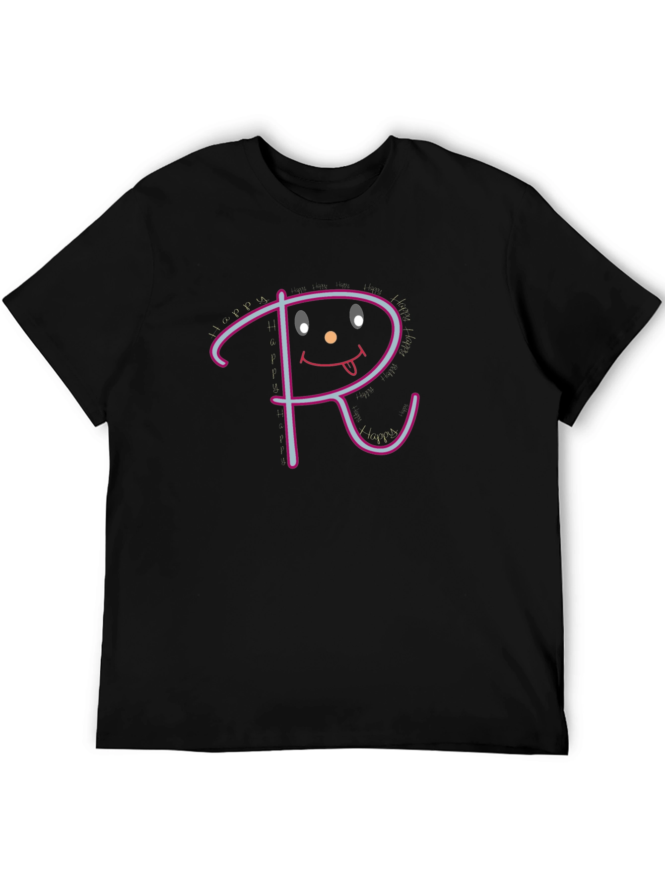 Black Happy Face Initial 'R' Graphic Black T-Shirt view 5
