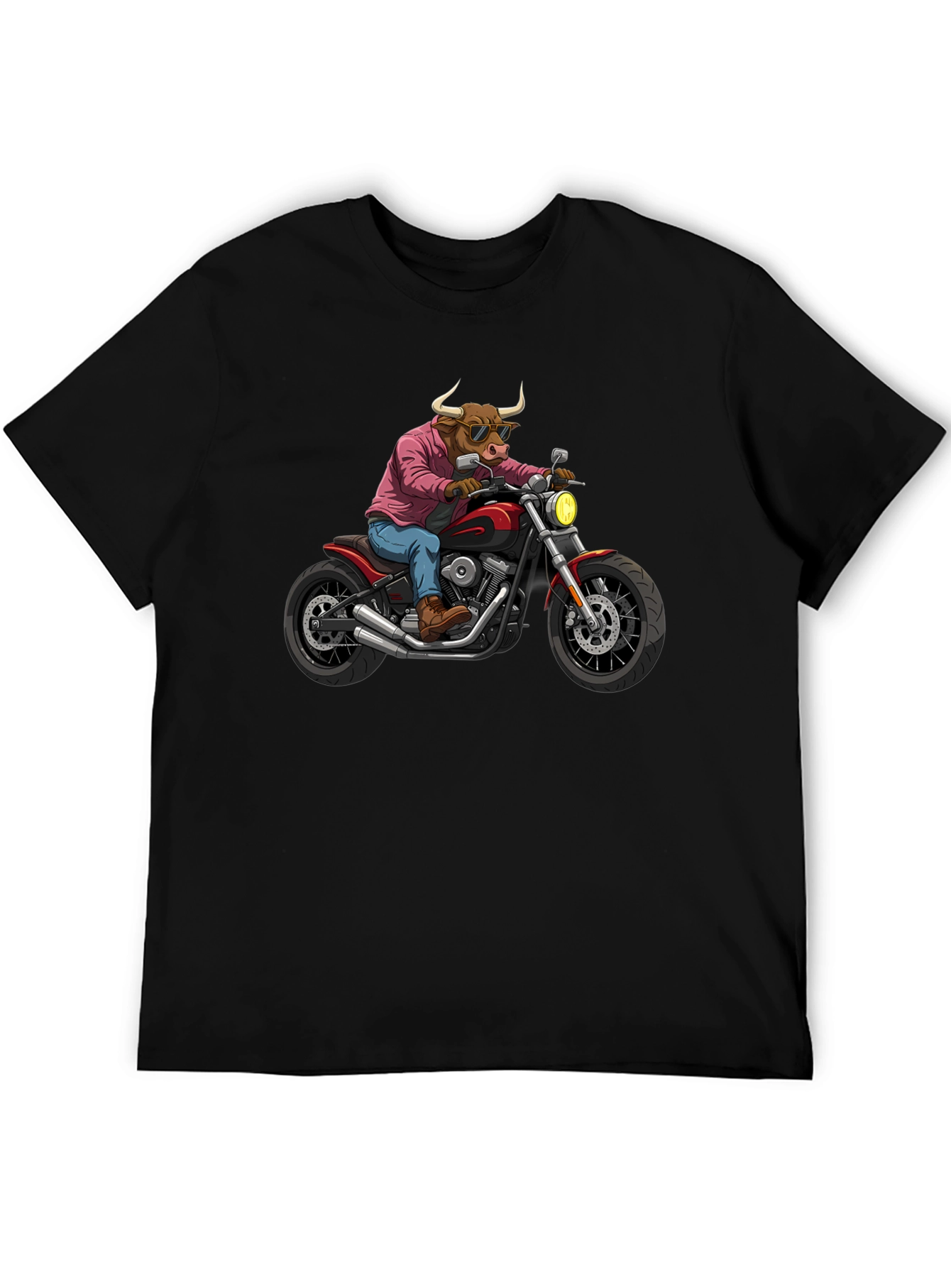 Black Cool Bull on Motorcycle T-Shirt - Black Cotton Graphic Tee view 5