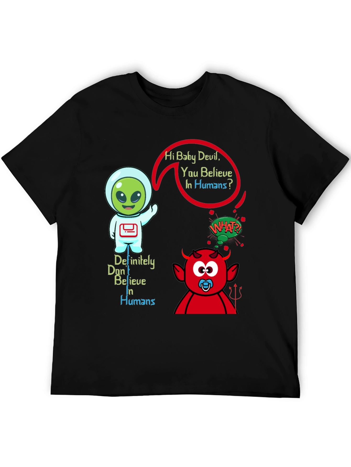 Black Alien & Baby Devil Graphic T-Shirt - Believe in Humans? view 5