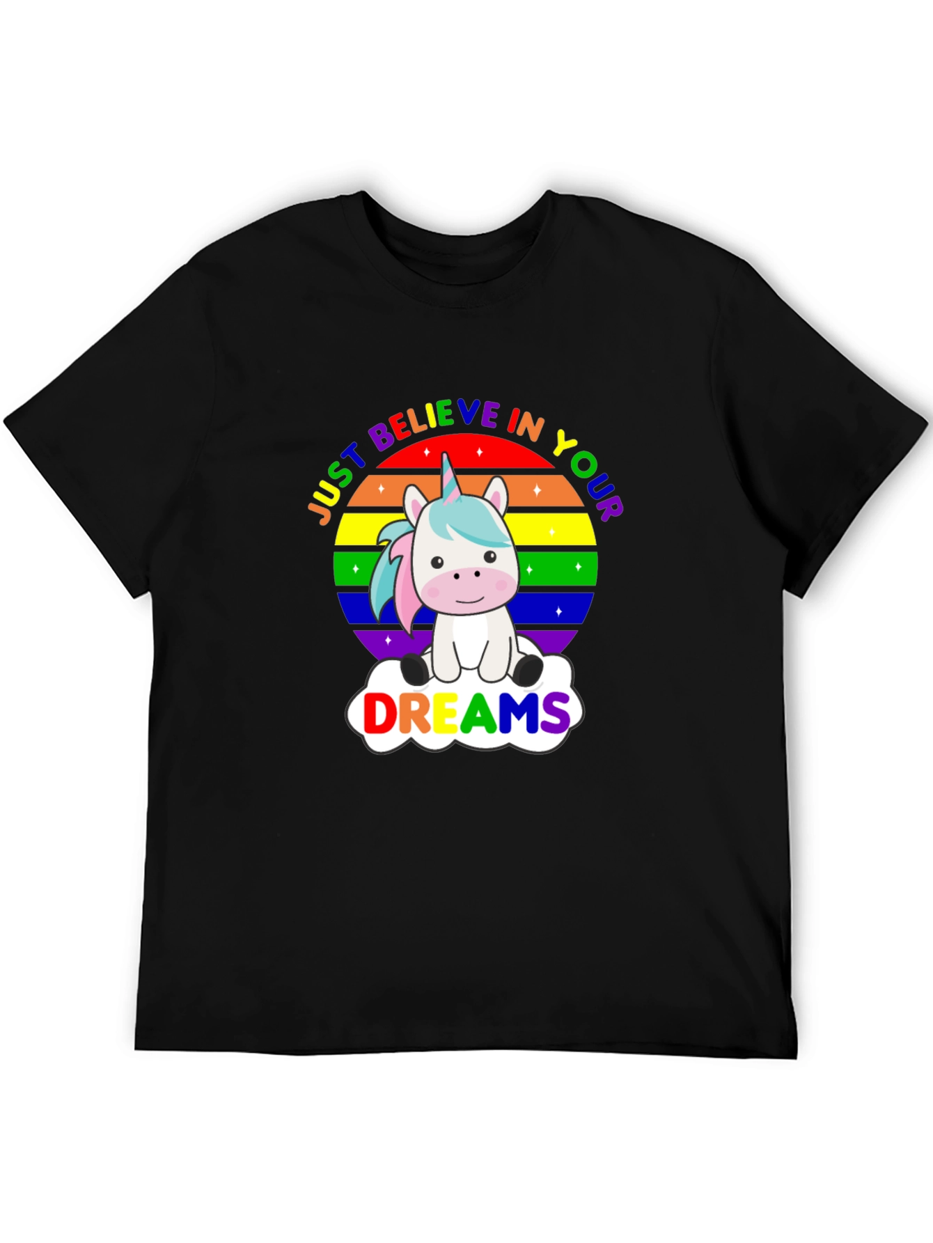 Black Believe in Your Dreams Rainbow Unicorn T-Shirt view 5