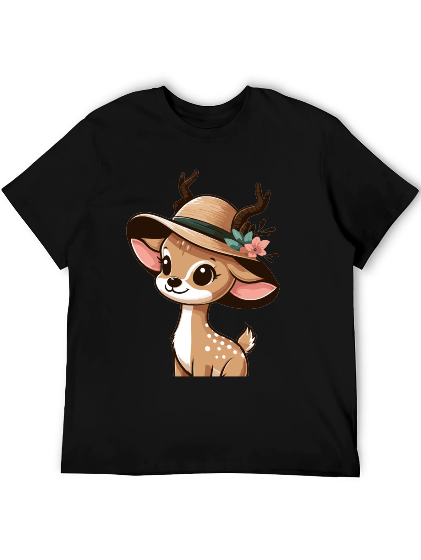 Black Cute Deer in Hat Graphic T-Shirt view 5