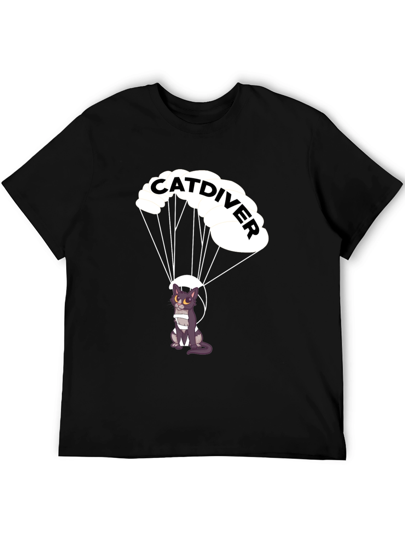 Black Catdiver T-Shirt - Parachuting Cat Graphic Tee view 5