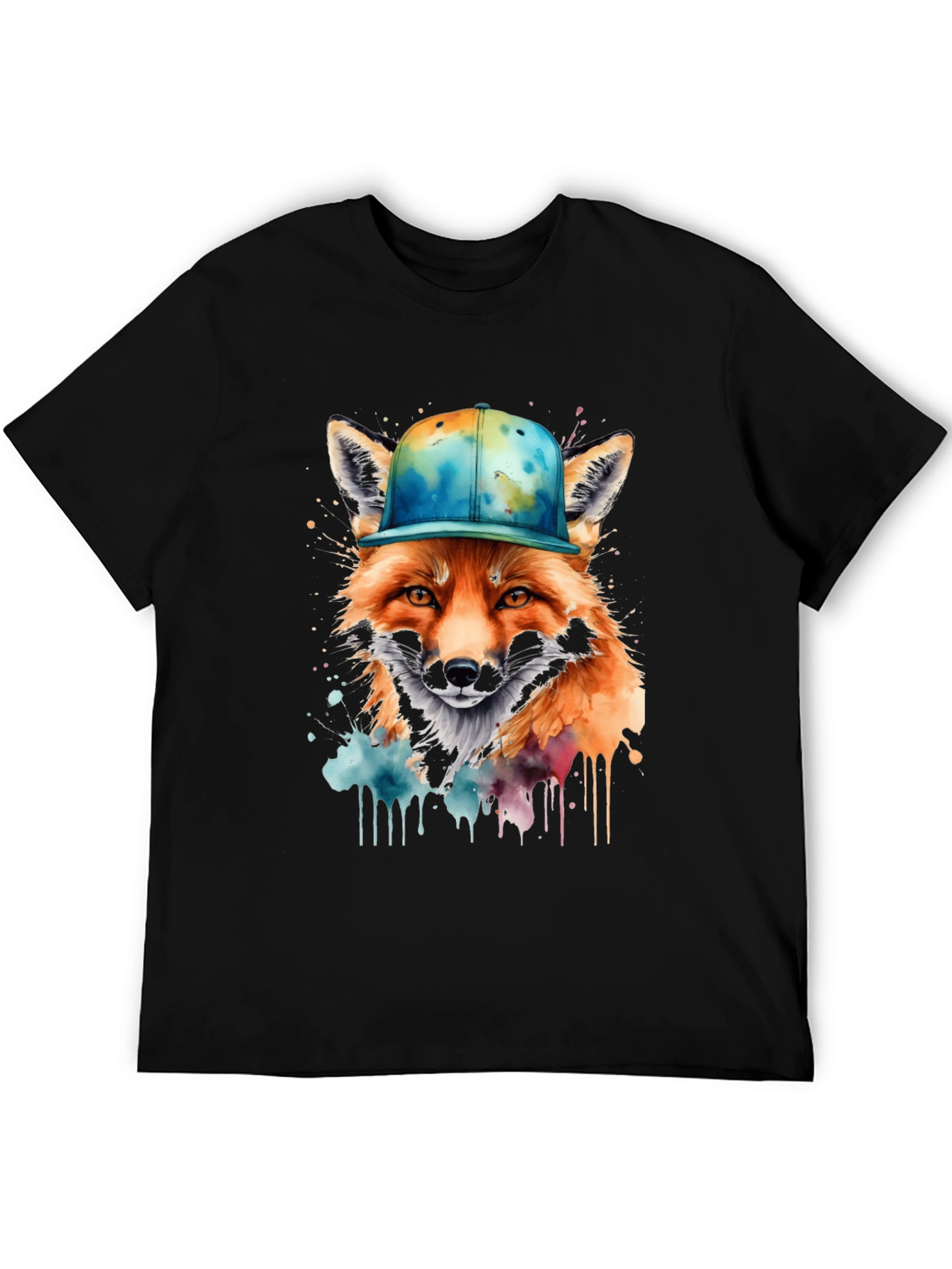 Black Fox in Cap Graphic Tee - Cool Watercolor Design view 5