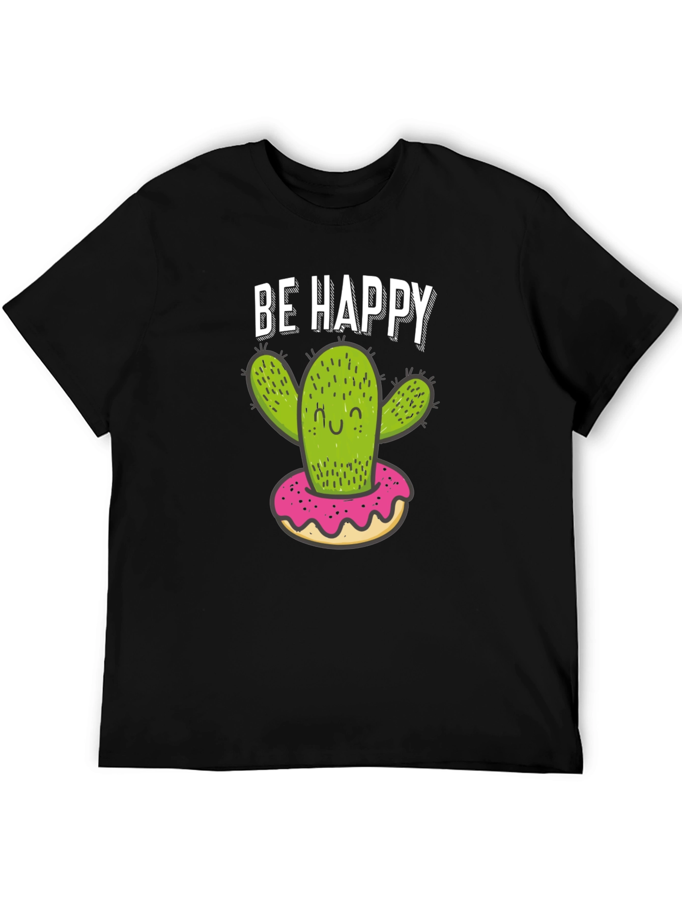 Black Be Happy Cactus Donut Graphic T-Shirt view 5