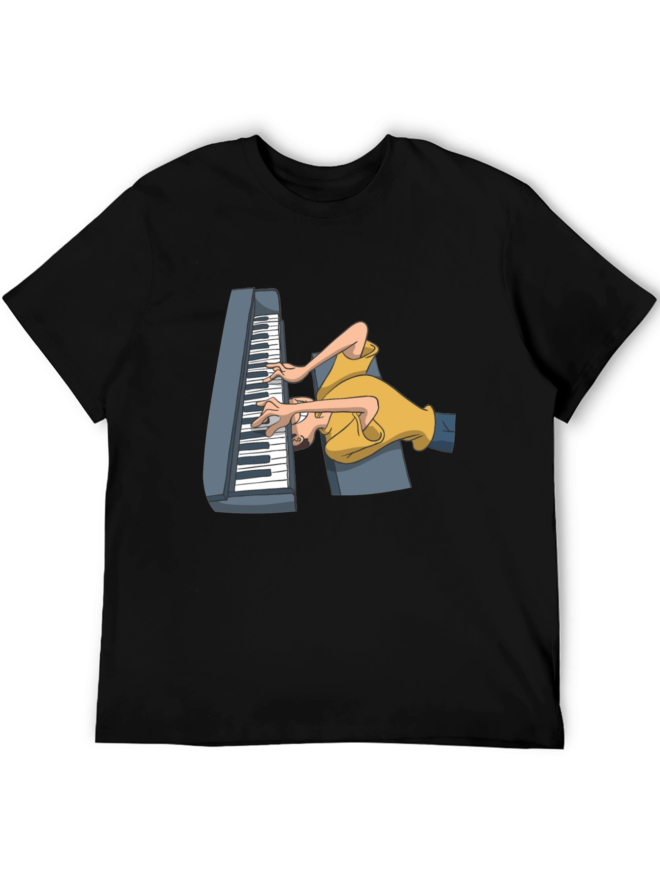 Black Funny Cartoon Piano Player Black T-Shirt view 5