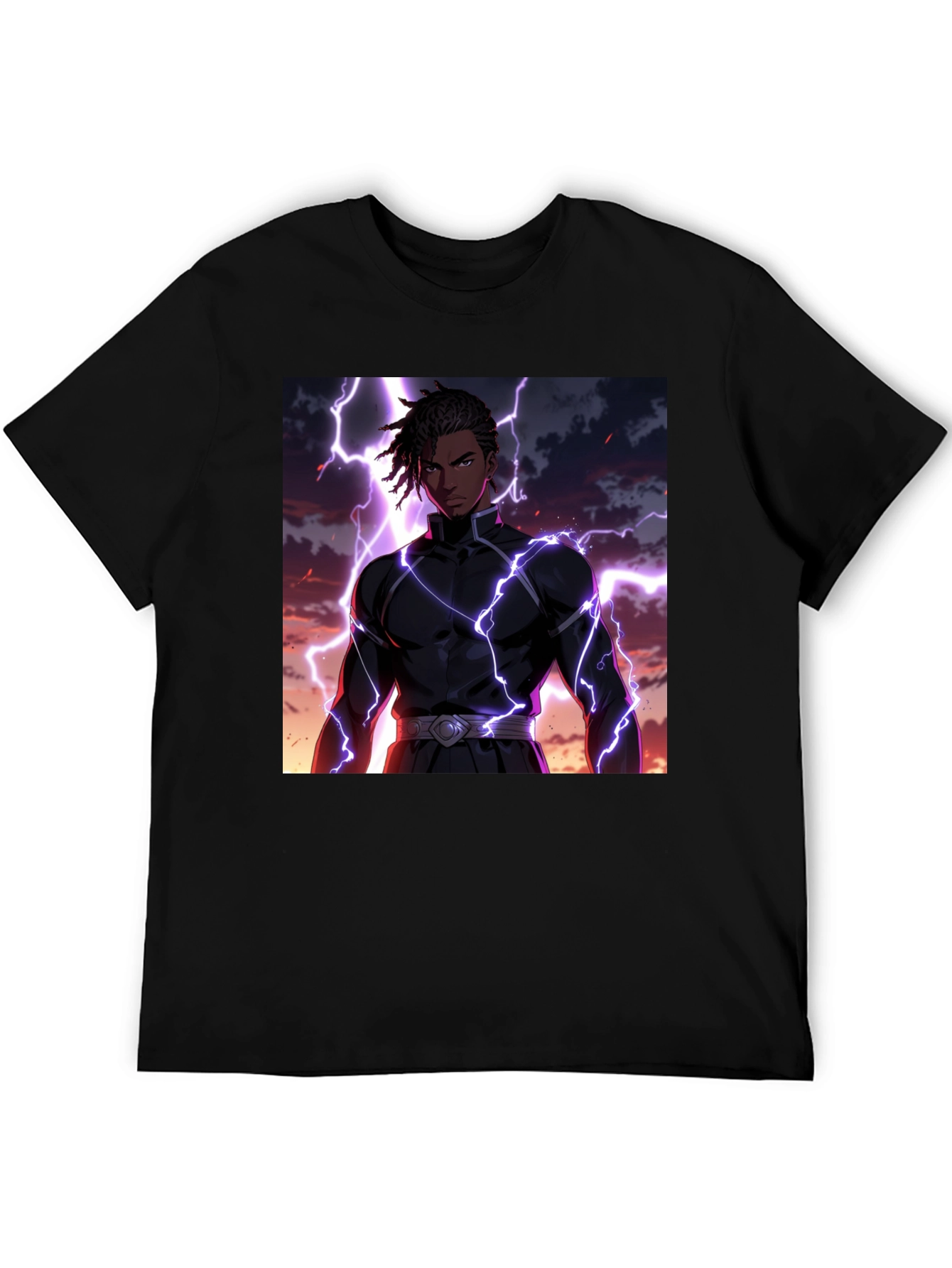 Black Anime Lightning Bolt Graphic Tee - Black Cotton Blend view 5