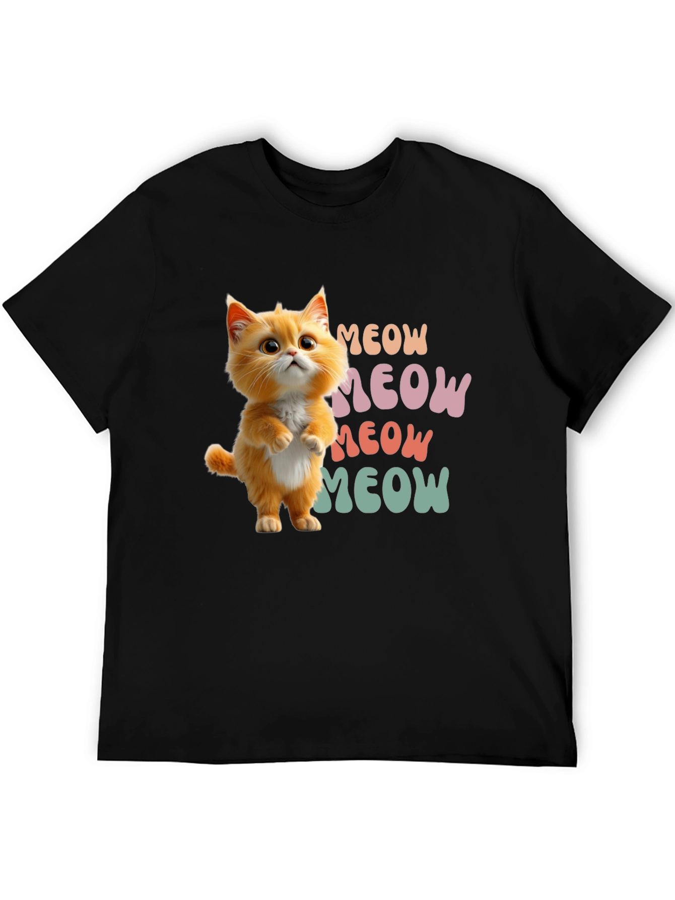 Black Cute Cartoon Cat Meow Graphic T-Shirt view 5