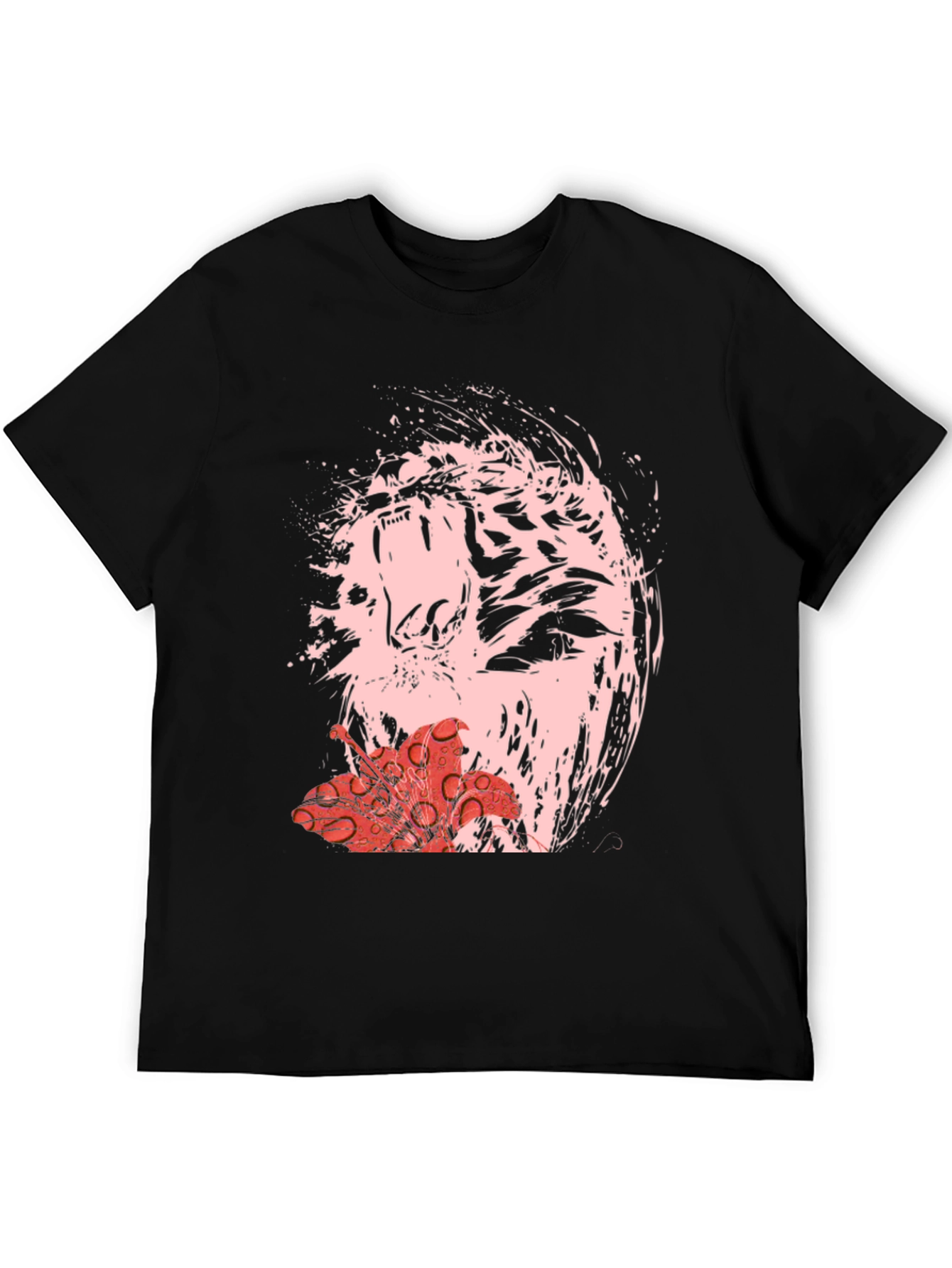 Black Abstract Tiger & Flower Graphic Black Tee view 5