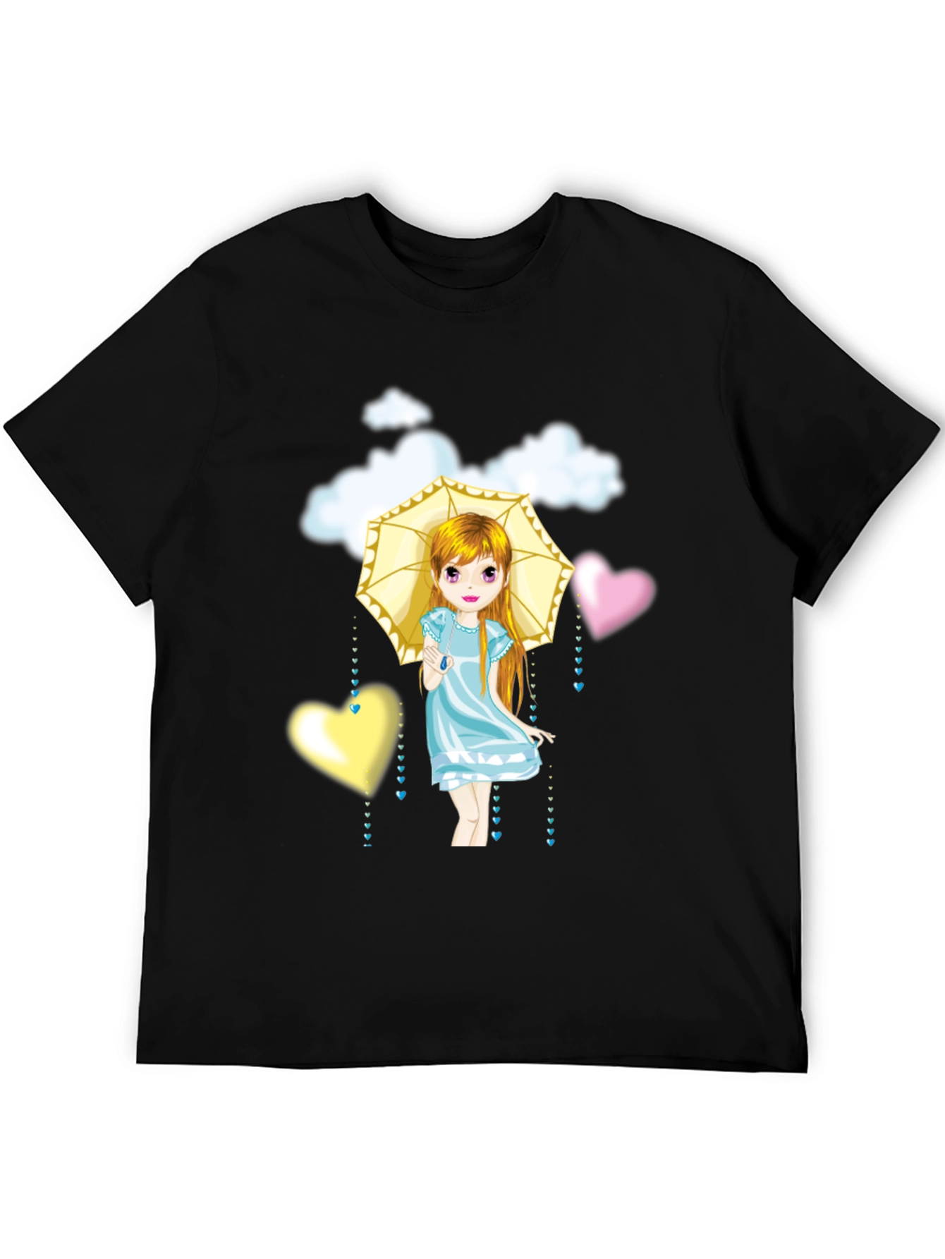 Black Cute Girl Umbrella Heart Cloud Black T-Shirt view 5