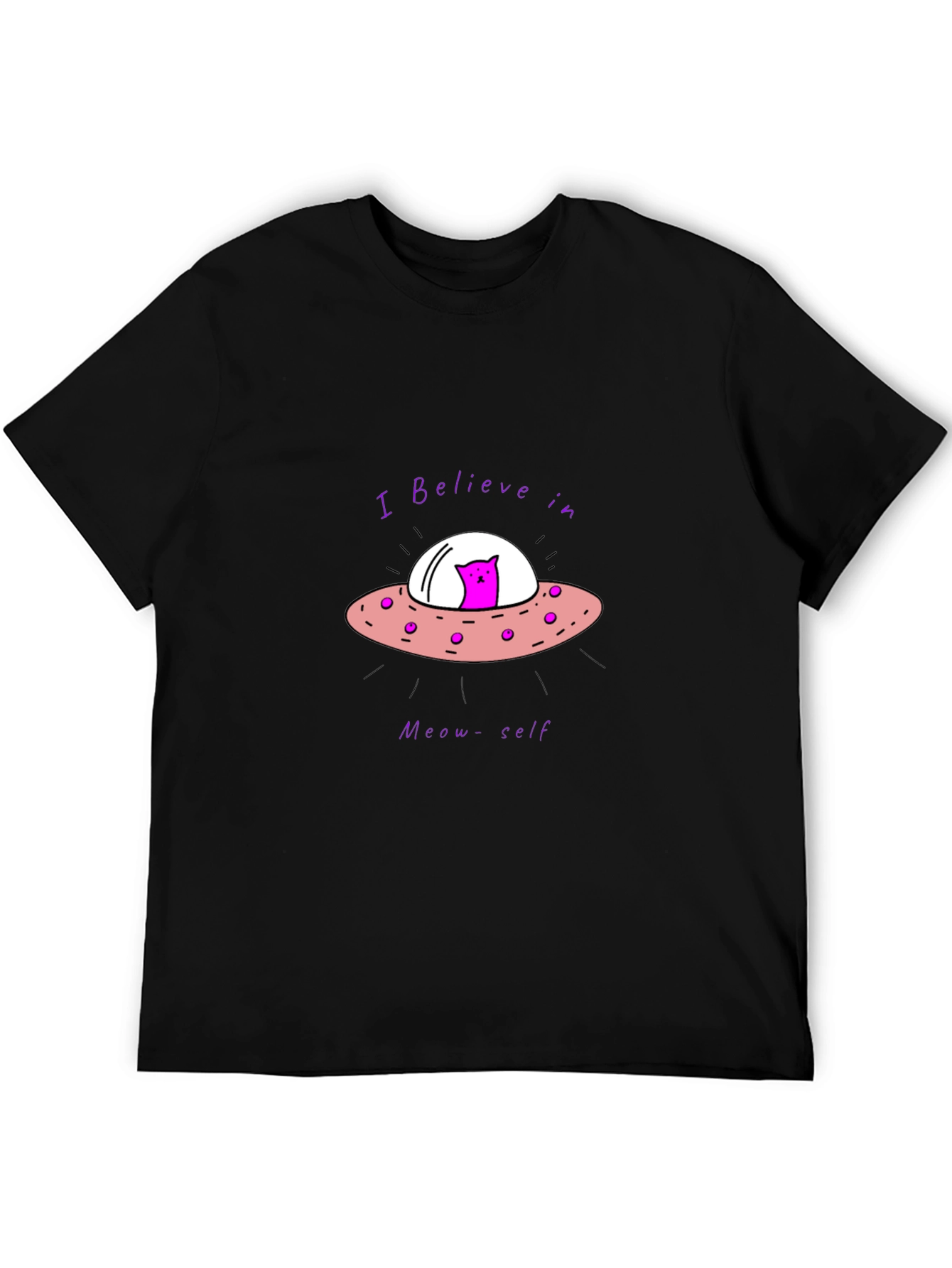 Black Believe in Meow-self Black T-Shirt - Cat Alien UFO view 5