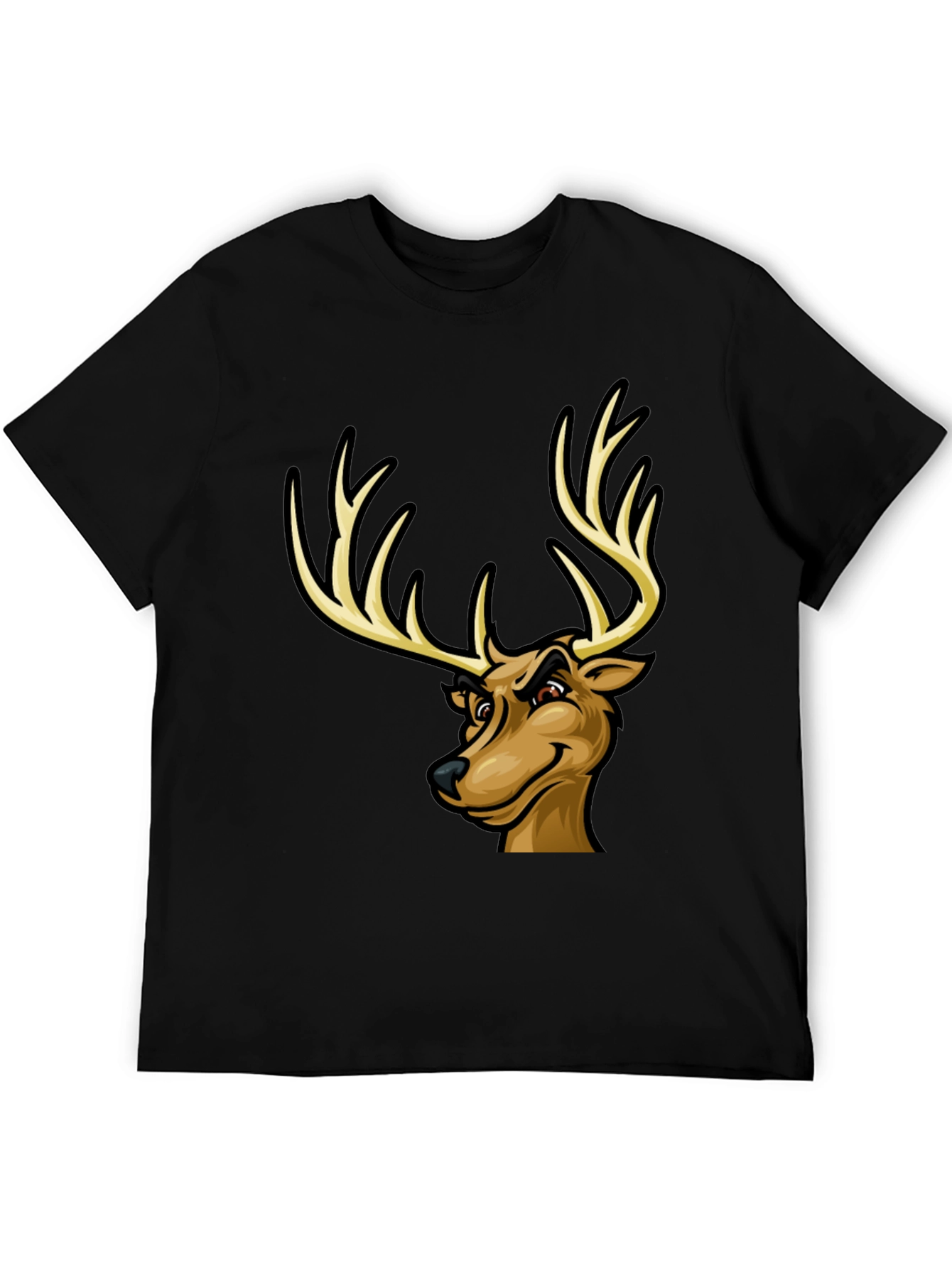 Black Men's Black T-Shirt with Cartoon Deer Graphic view 5