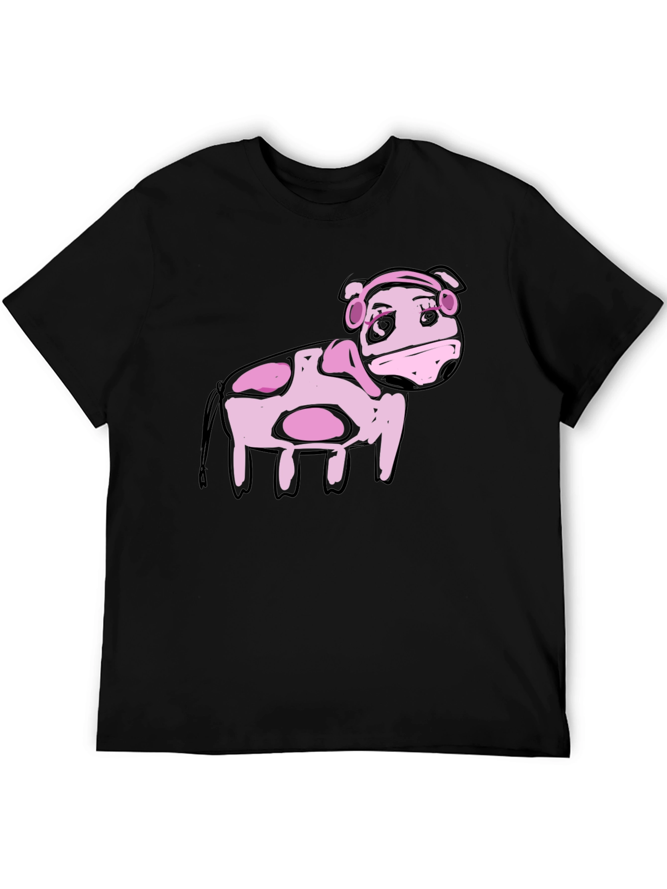 Black Cartoon Pink Cow Black T-Shirt view 5