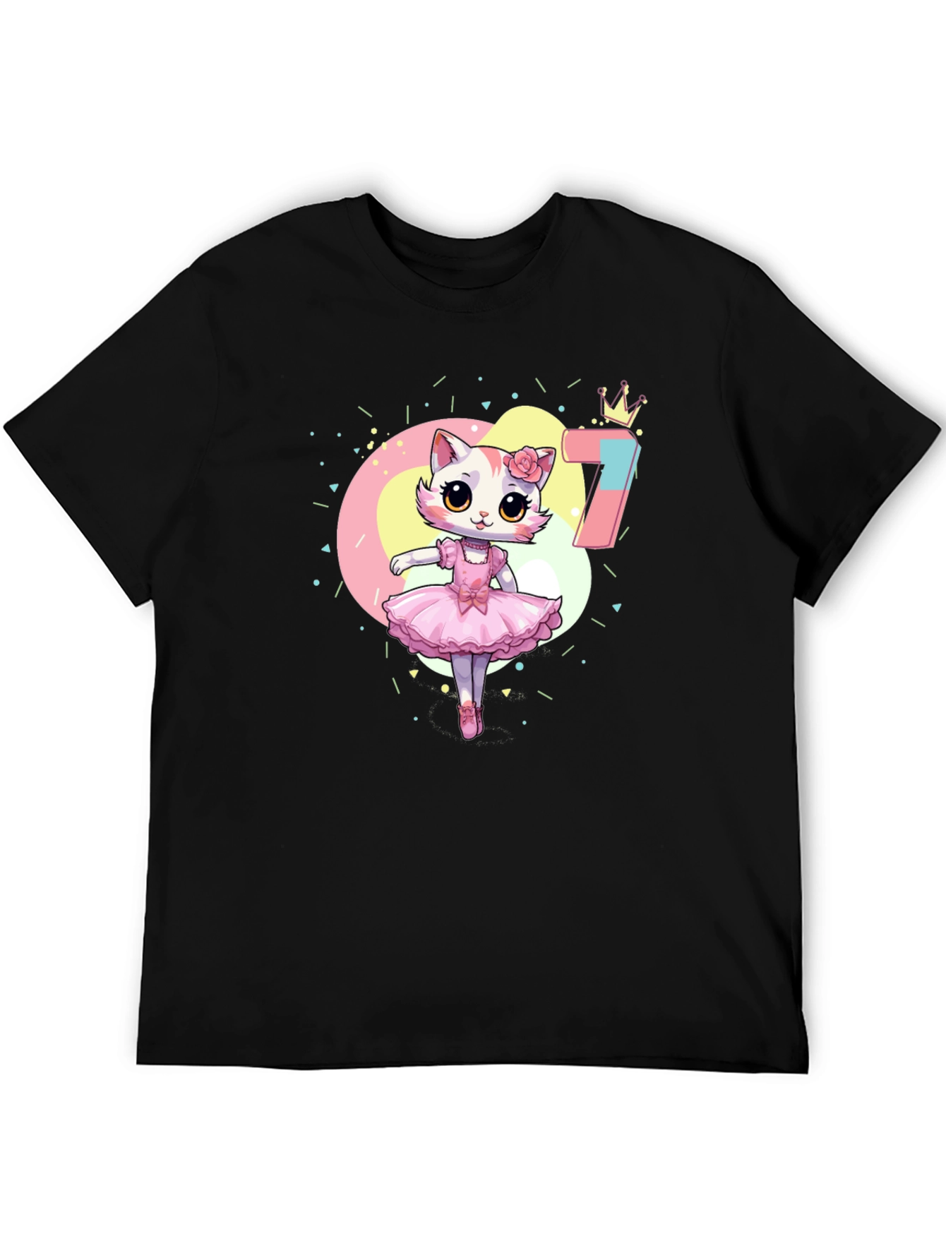 Black Cute Ballerina Cat 7th Birthday Black T-Shirt view 5