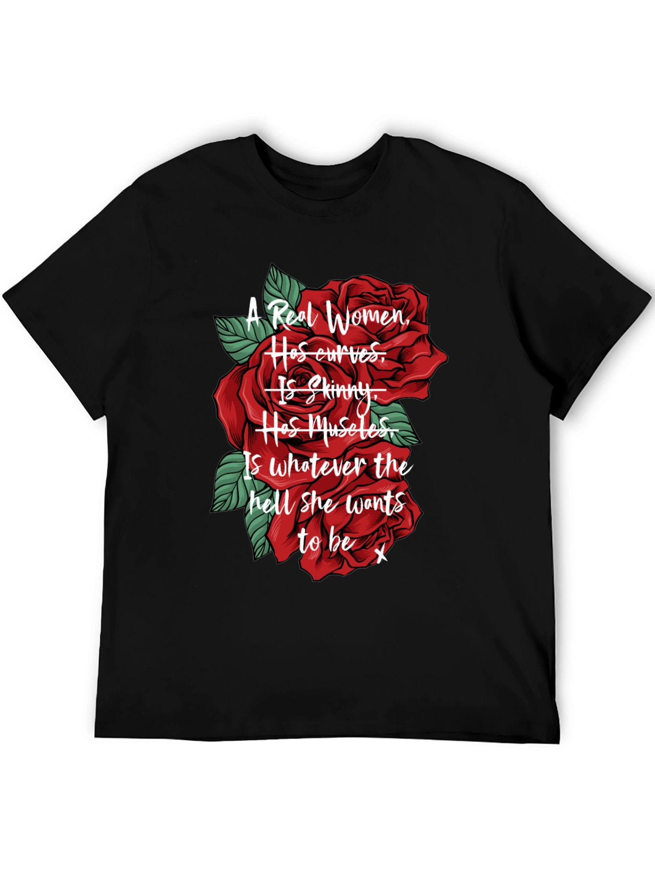 Black A Real Women T-Shirt - Red Roses Design view 5