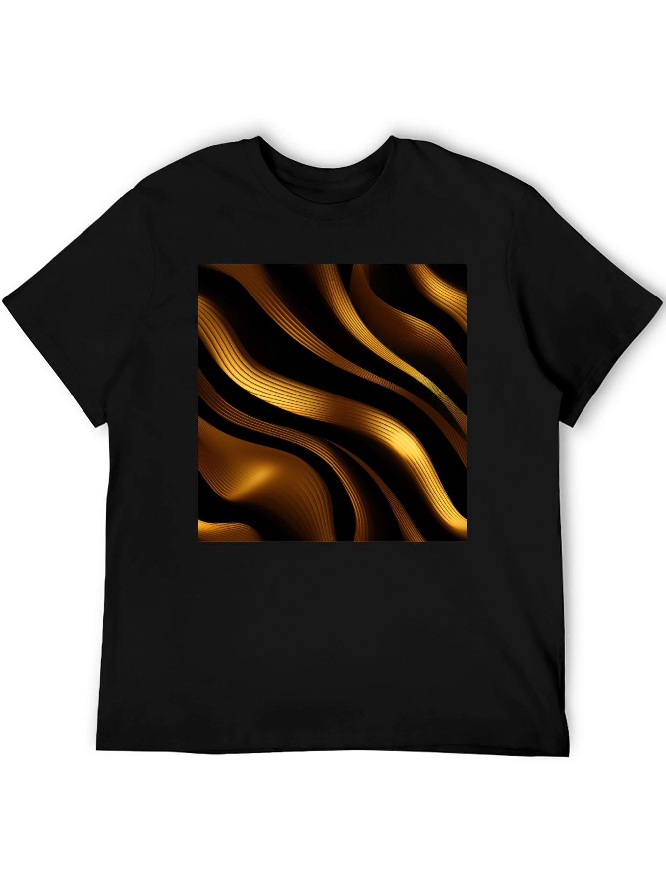 Black Golden Abstract Wave Print Black T-Shirt view 5