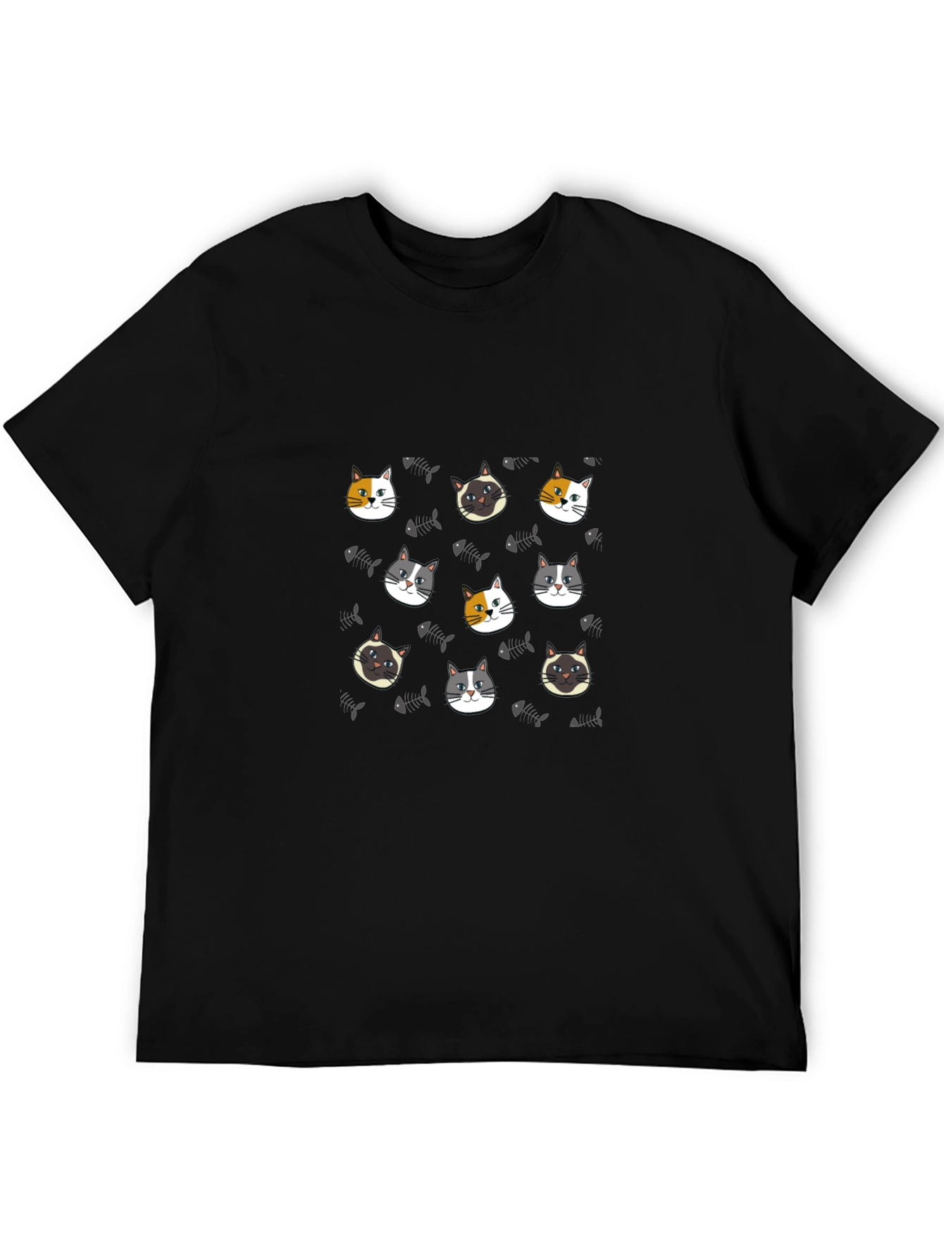 Black Cute Cat Faces Pattern Black T-Shirt view 5