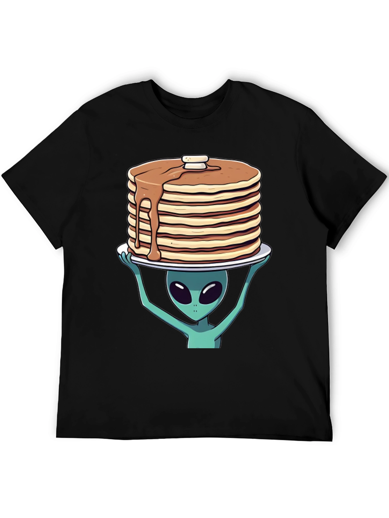 Black Alien Pancakes T-Shirt - Space Foodie Tee view 5
