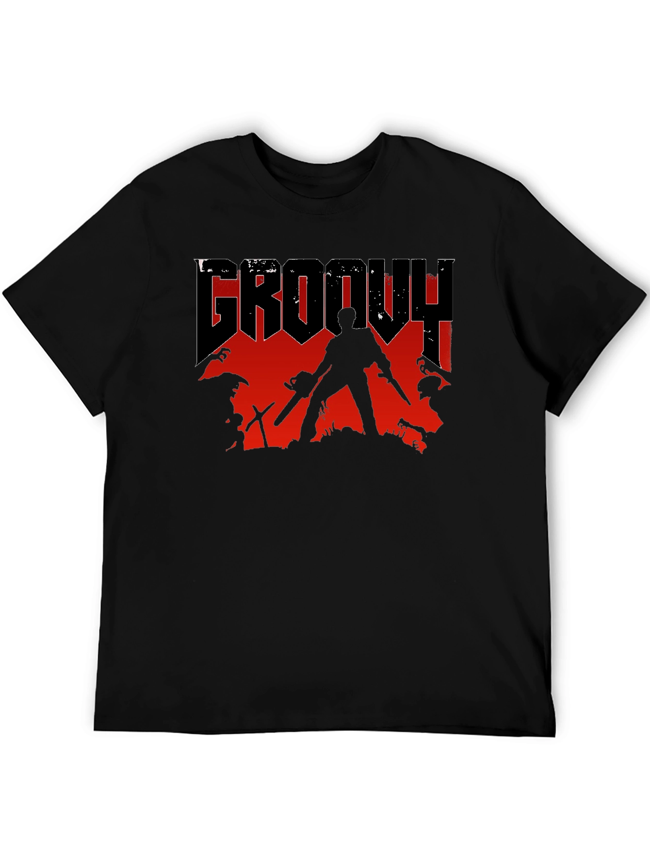 Black Groovy Horror T-Shirt - Chainsaw & Boomstick Design view 5