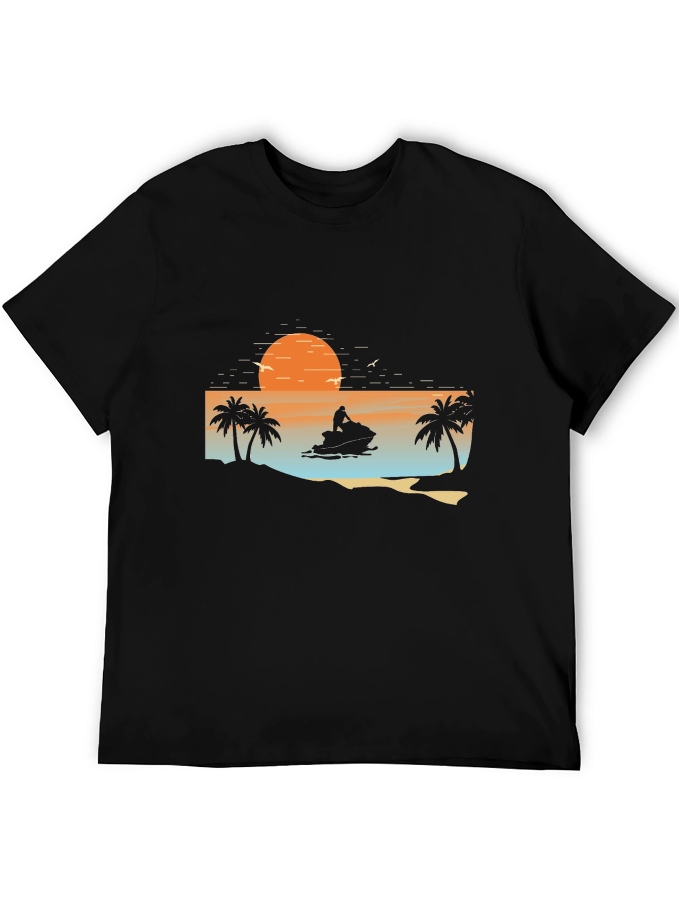 Black Sunset Jet Ski Palm Tree Graphic Black T-Shirt view 5