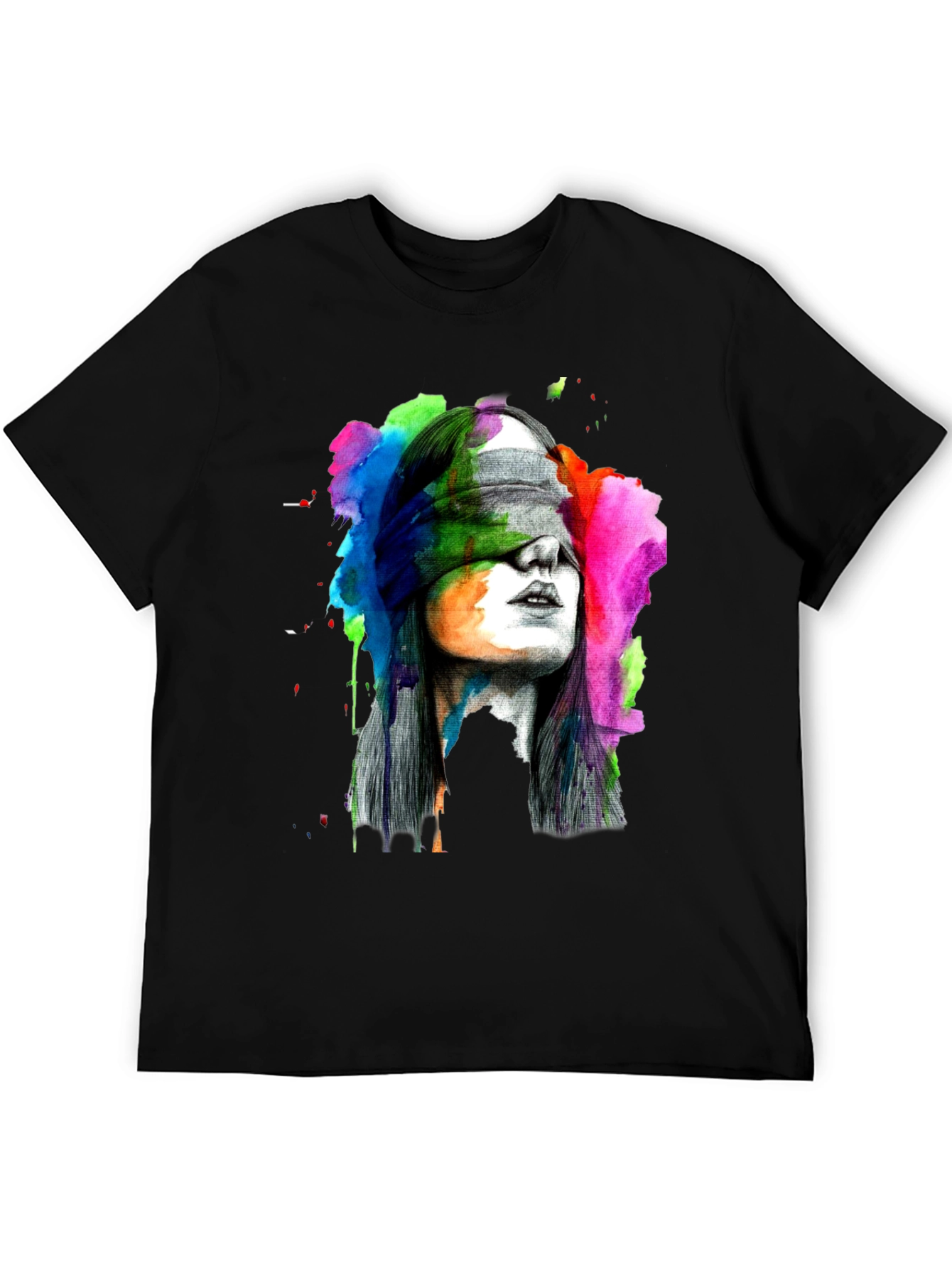 Black Blindfolded Woman Graphic Tee - Artistic Black T-Shirt view 5