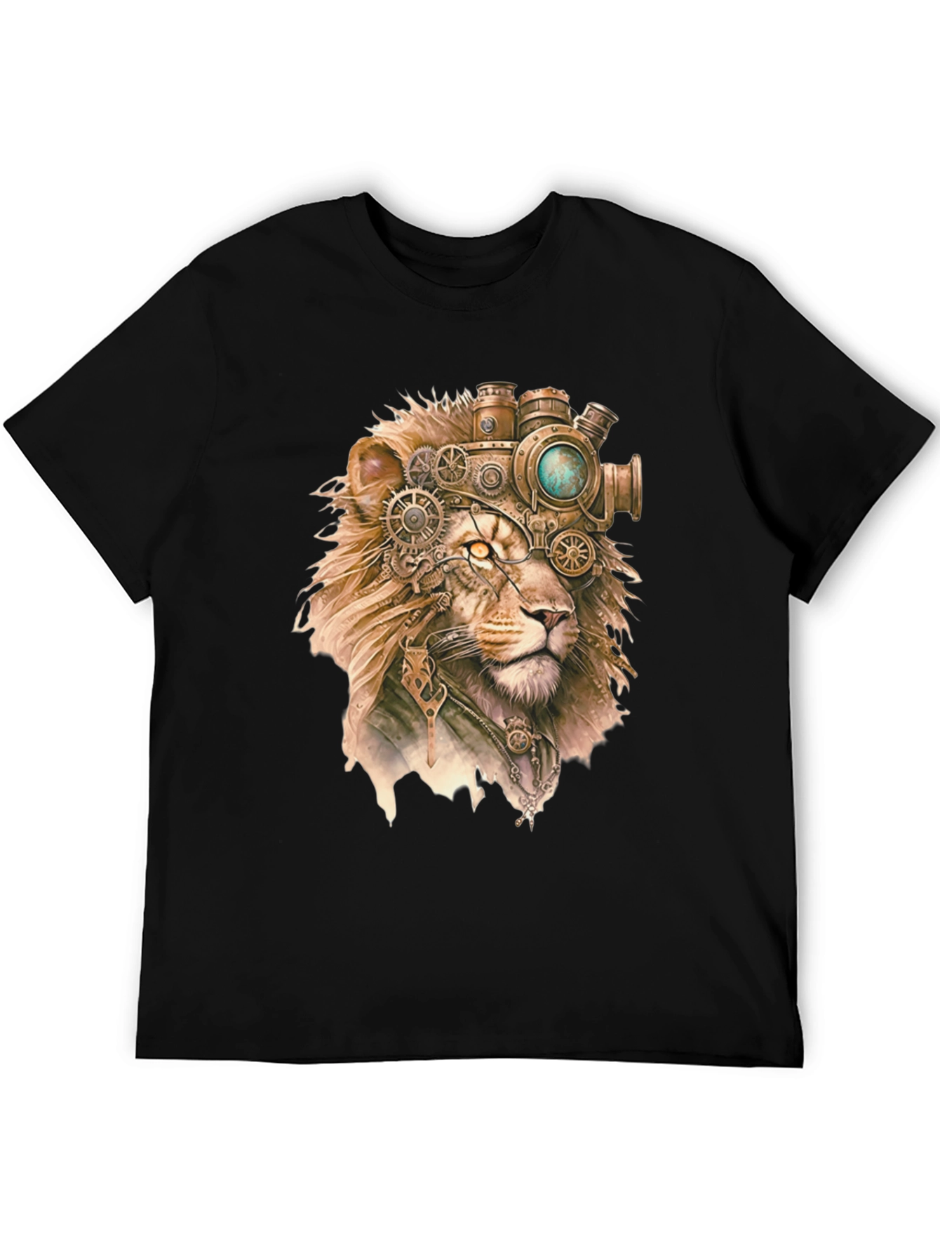 Black Steampunk Lion Graphic Print Black T-Shirt view 5