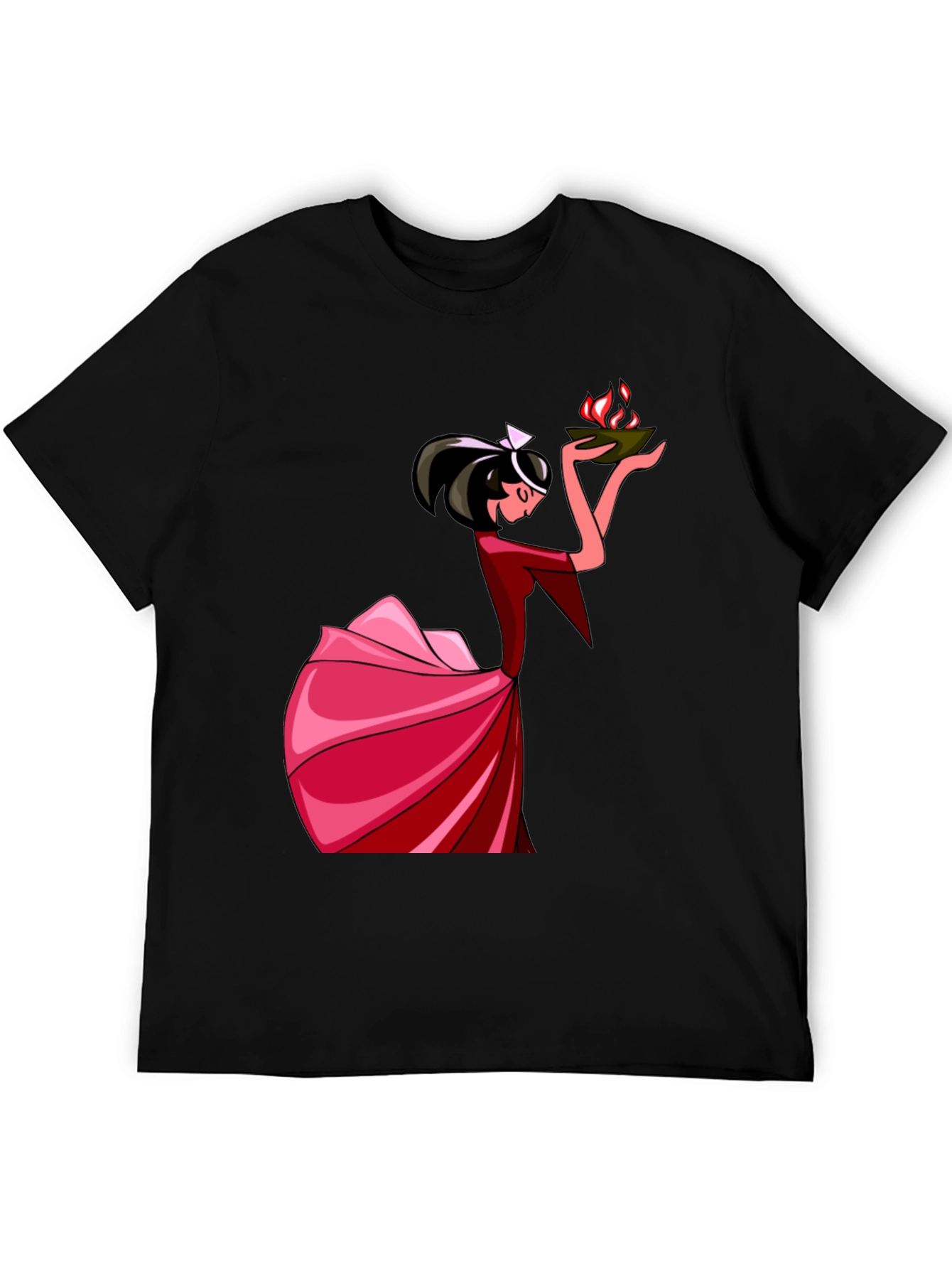 Black Unique Graphic T-Shirt: Lady with Fire view 5