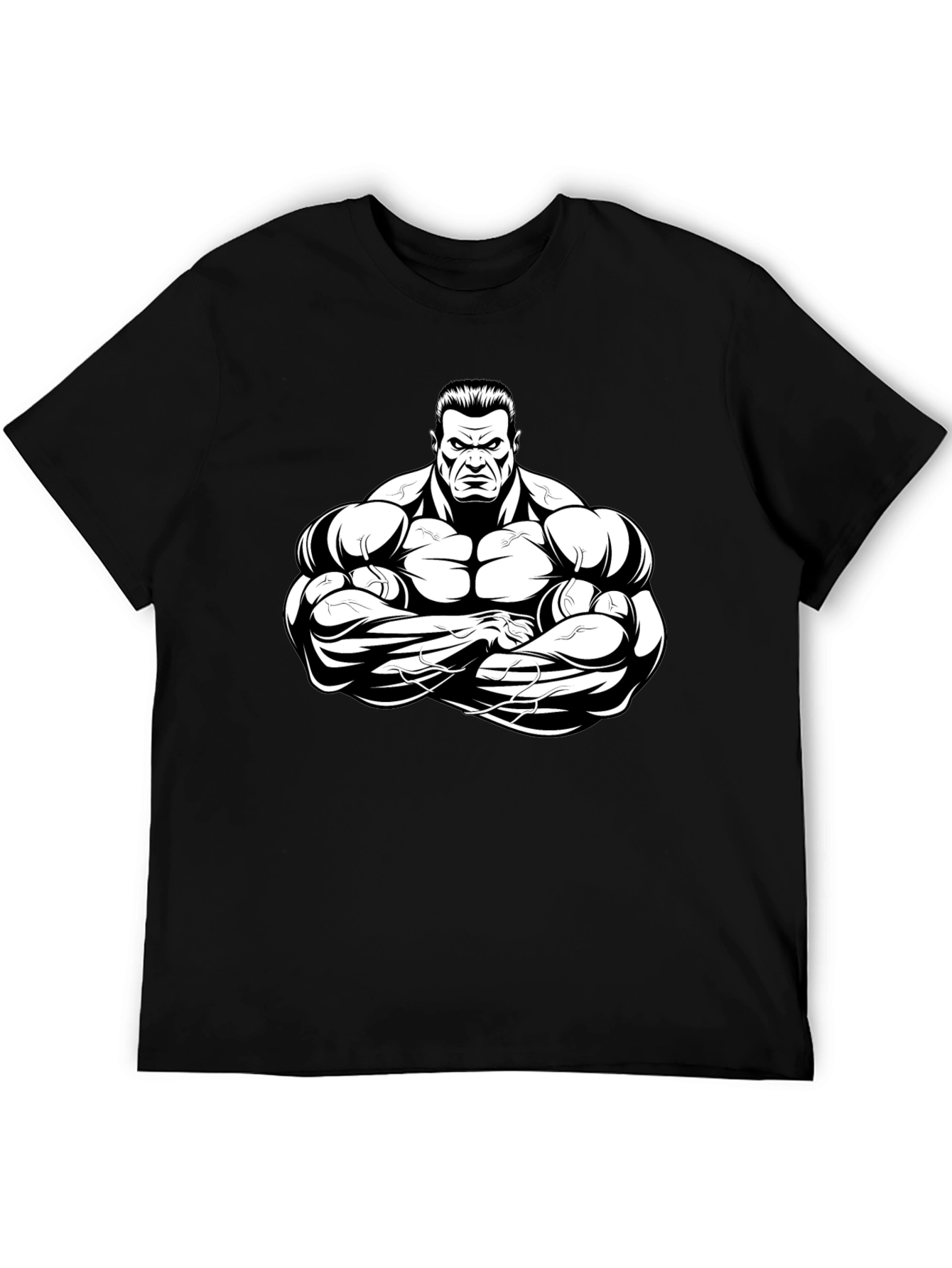 Black Black T-Shirt with Muscular Cartoon Graphic view 5
