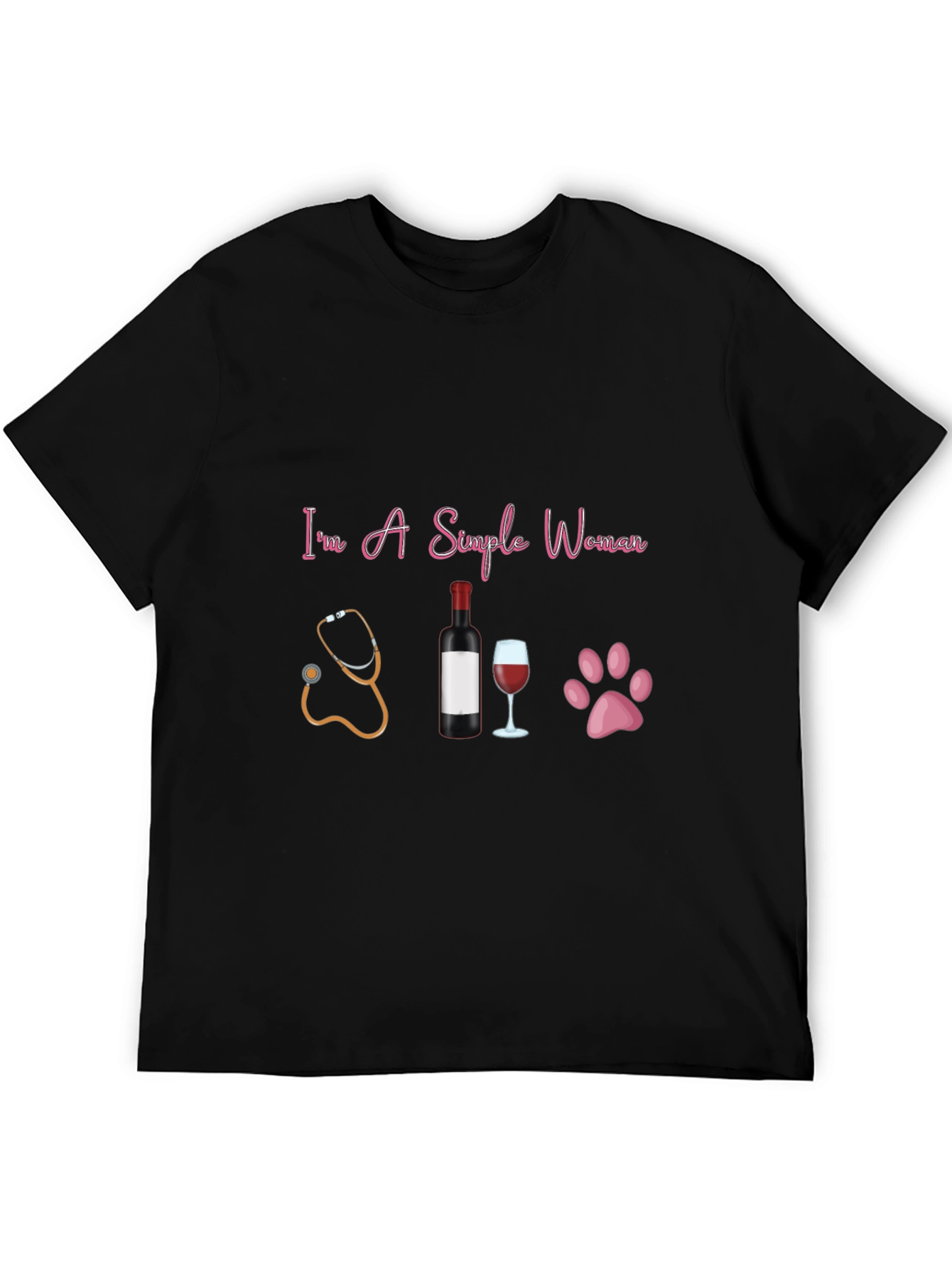 Black Simple Woman T-Shirt: Stethoscope, Wine, & Paws view 5
