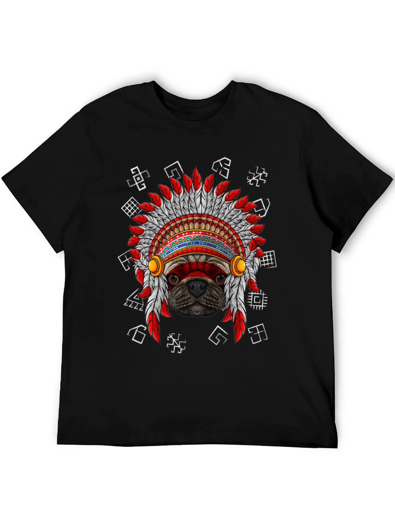 Black Pug Indian Chief Headdress Graphic T-Shirt view 5