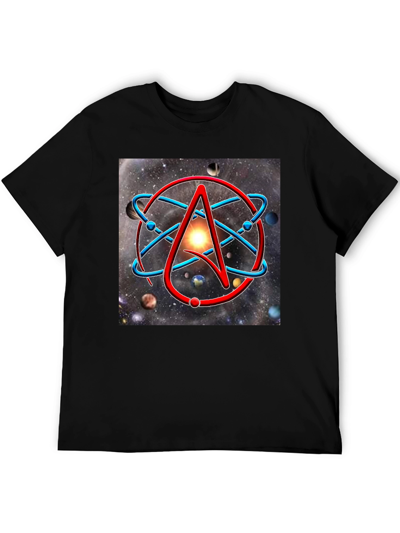 Black Atheist Symbol Graphic Tee - Space Background view 5