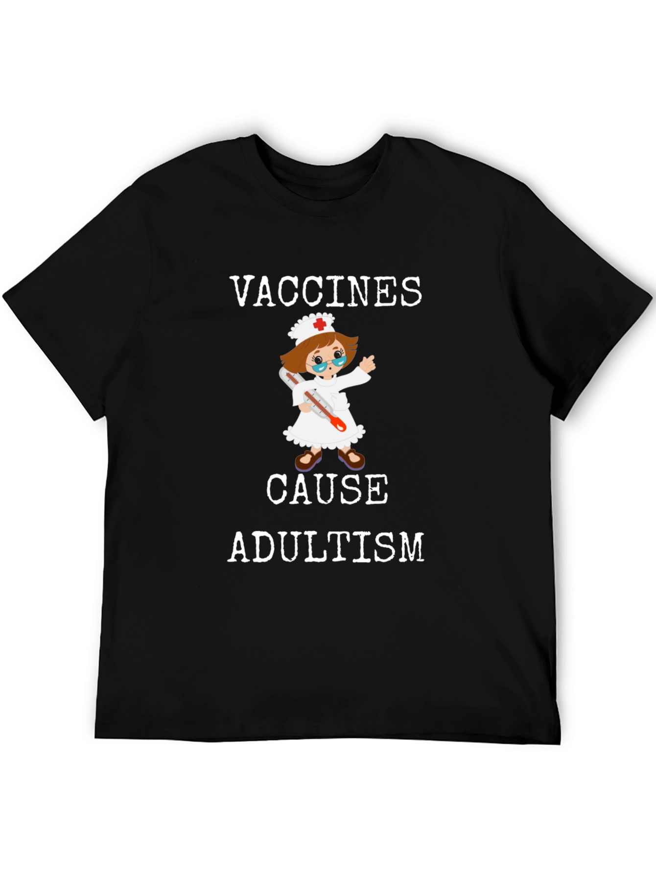 Black Vaccines Cause Adultism Funny T-Shirt view 5