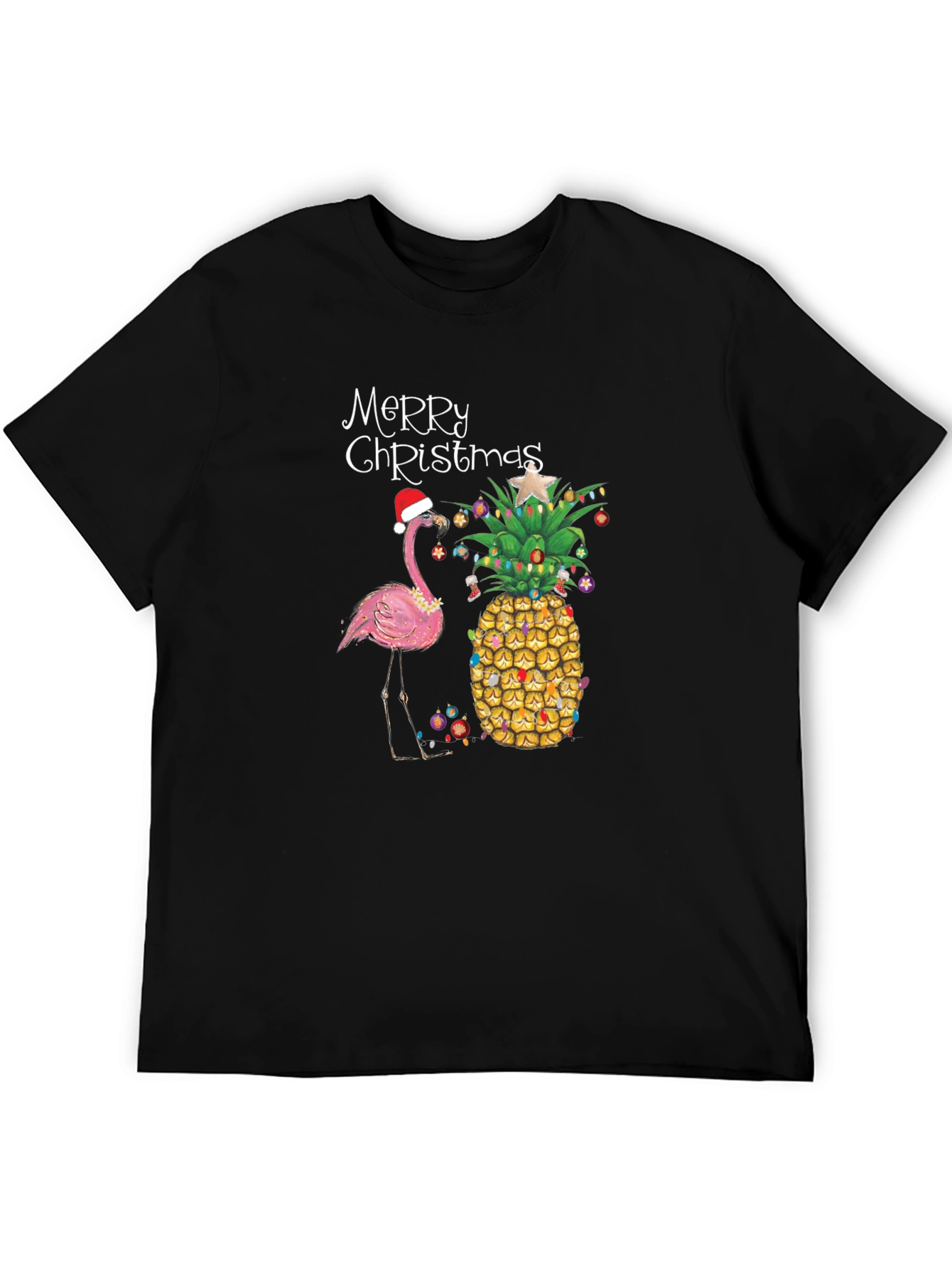 Black Festive Flamingo Pineapple Christmas Tee view 5