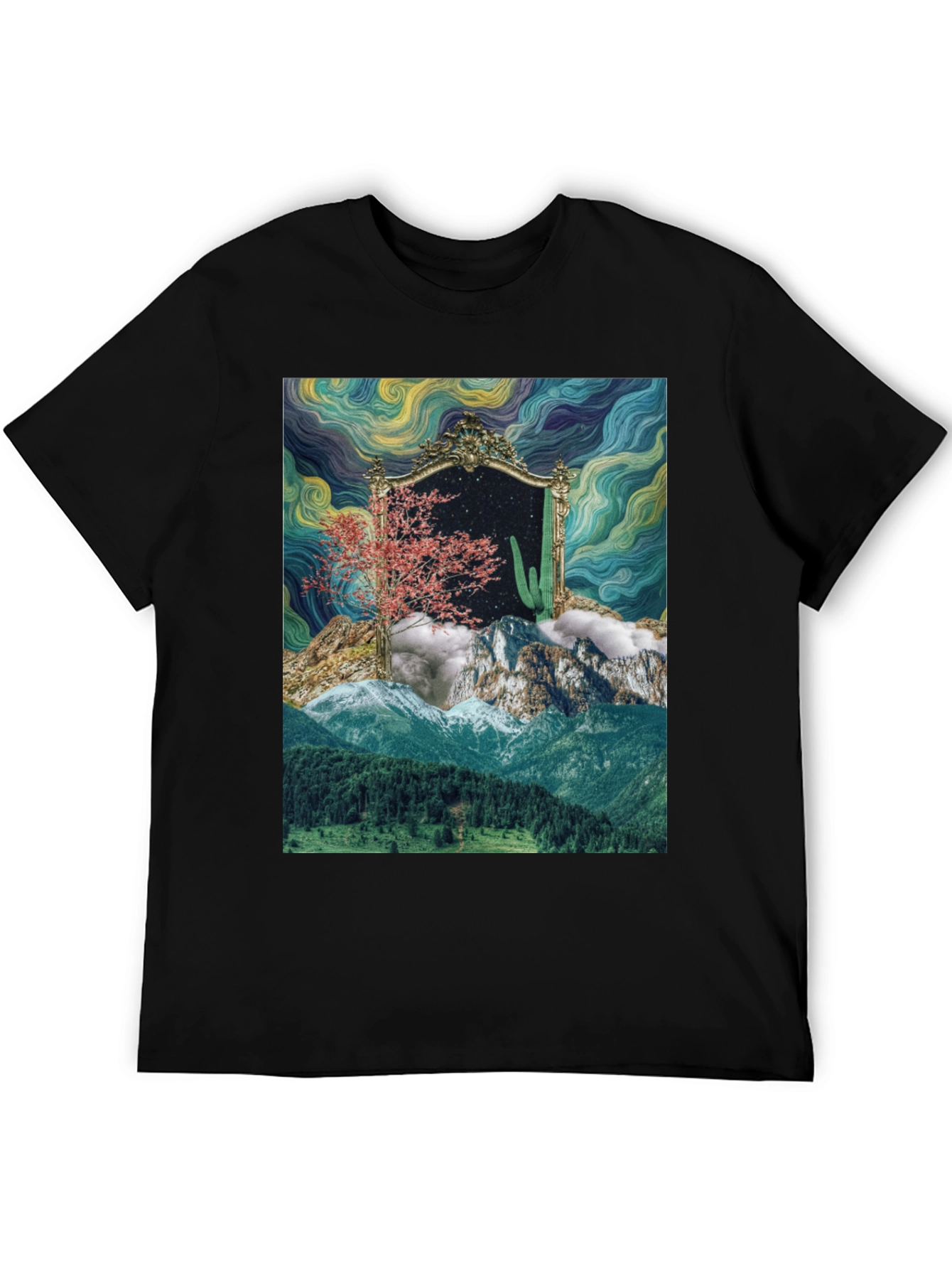 Black Surreal Landscape Mirror Graphic T-Shirt view 5