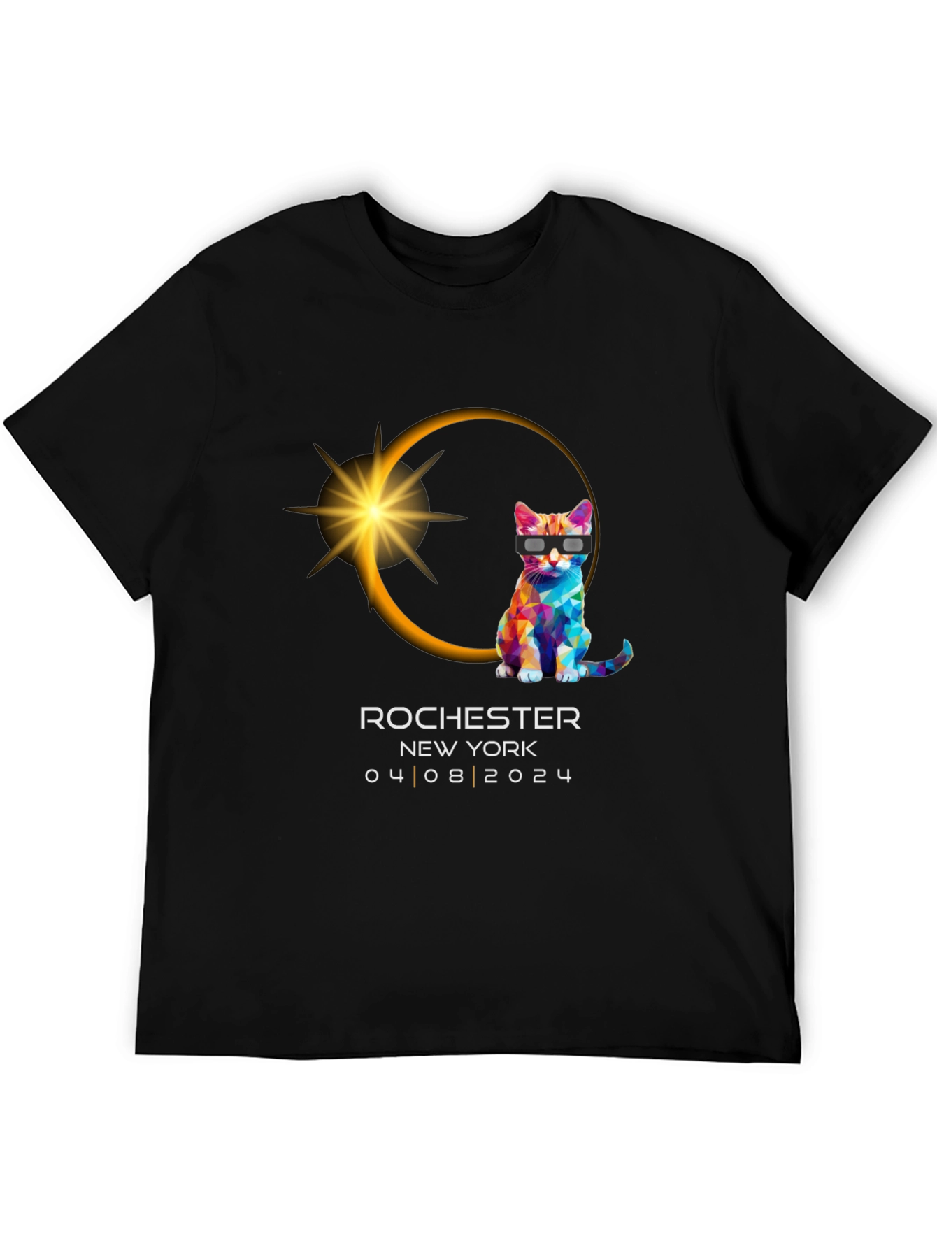 Black Rochester NY Eclipse 2024 Cat T-Shirt view 5
