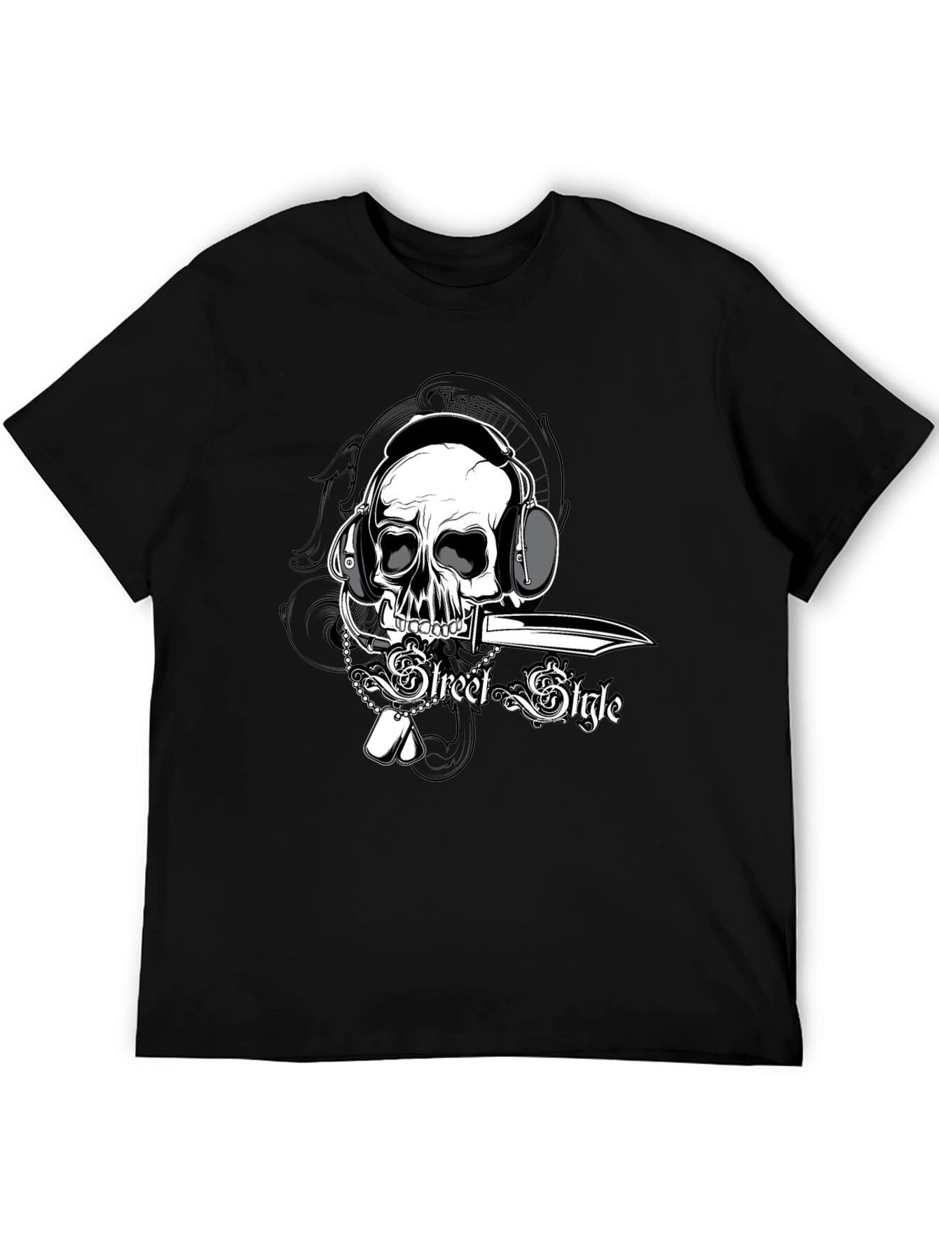 Black Skull with Headphones Graphic Tee view 5