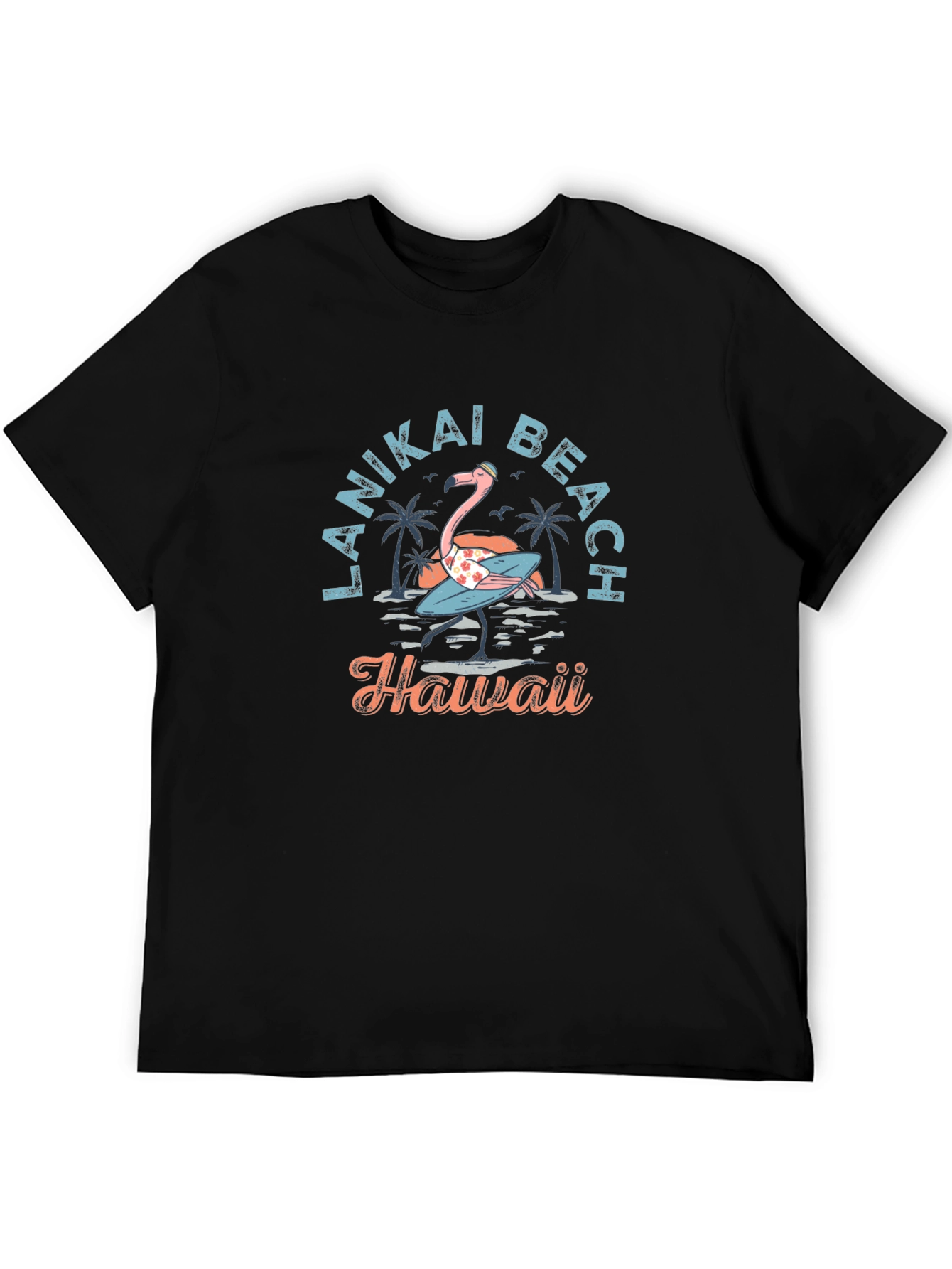 Black Lanikai Beach Hawaii Flamingo T-Shirt view 5