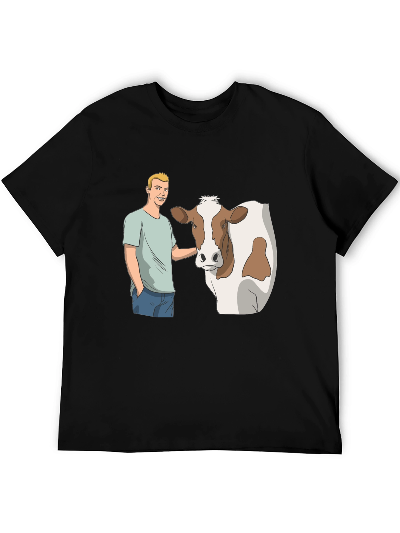 Black Cartoon Man & Cow Black T-Shirt view 5