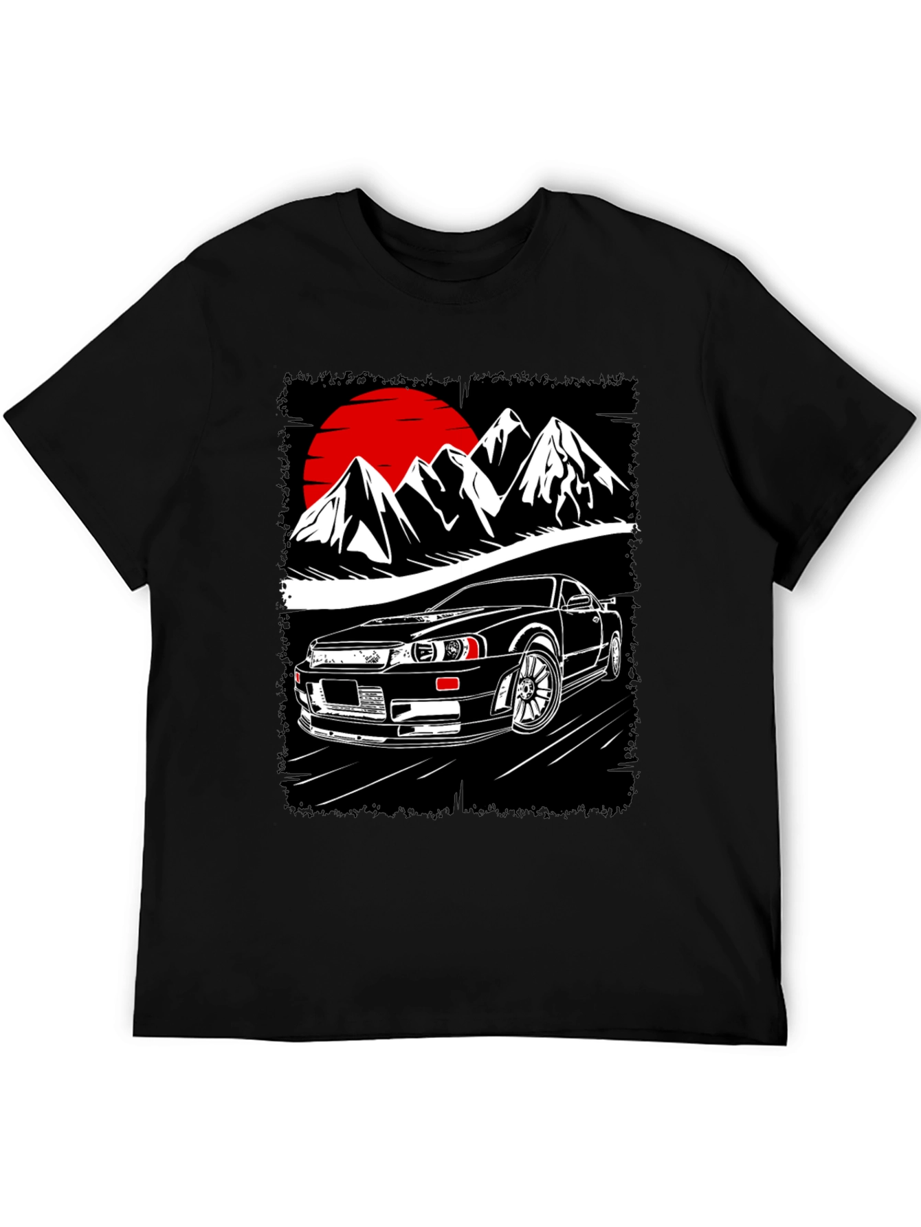 Black Car & Mountain Graphic Tee - Black Cotton T-Shirt view 5