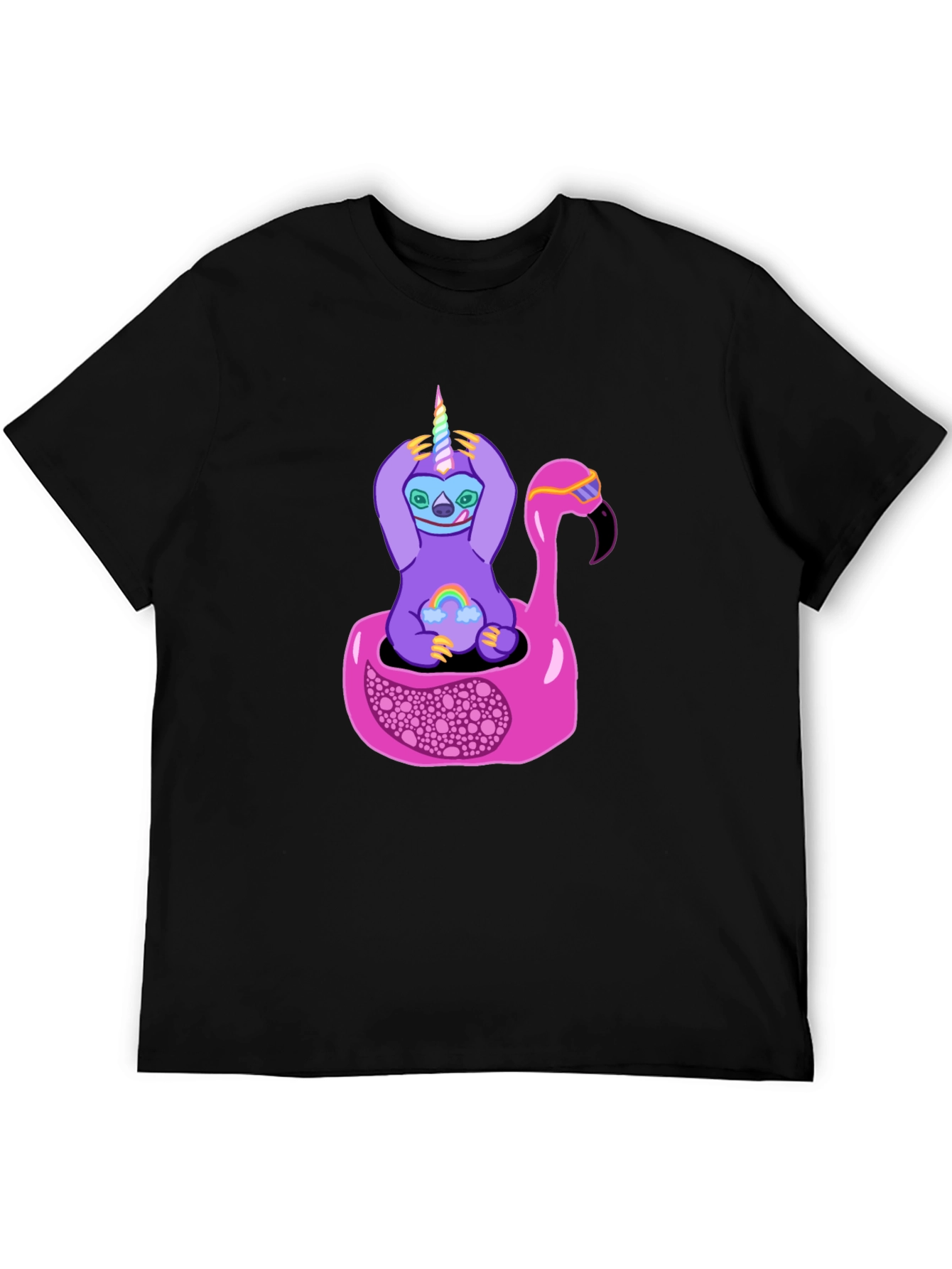 Black Sloth Unicorn Flamingo Pool Float Graphic Tee view 5