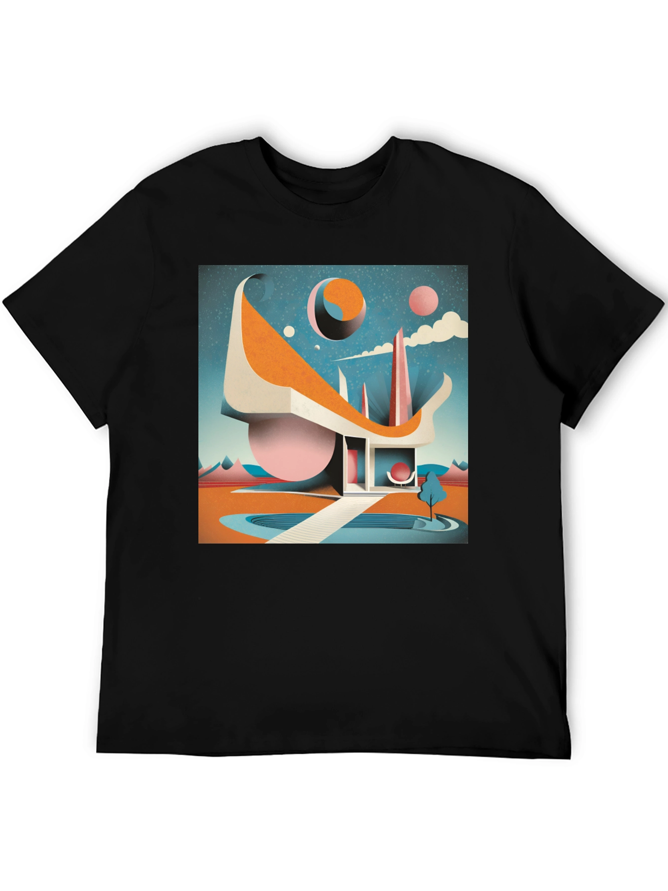 Black Retro Futuristic T-Shirt: Modernist Architectural Design view 5