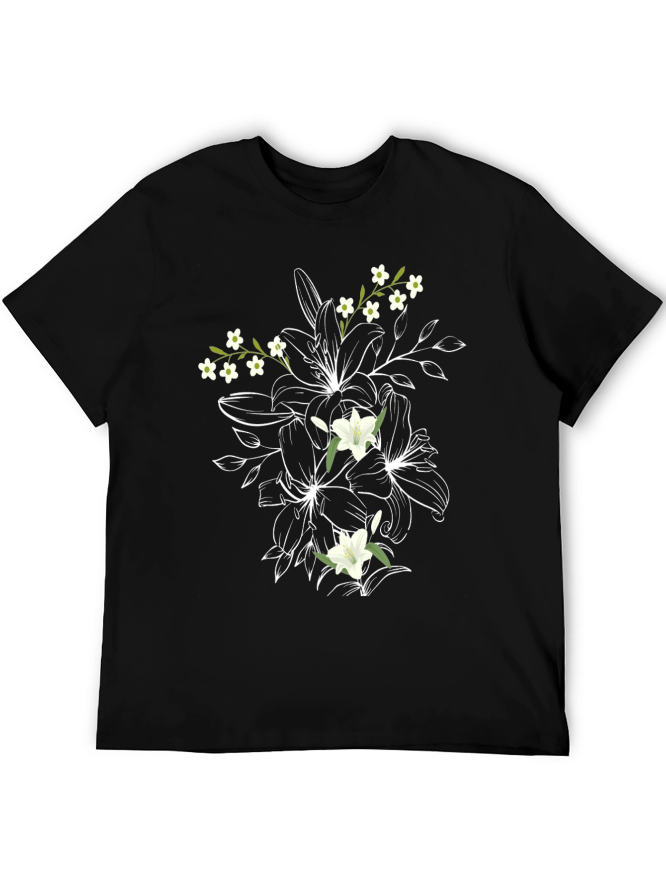 Black Floral Print T-Shirt: Black Cotton Tee with Lily Design view 5