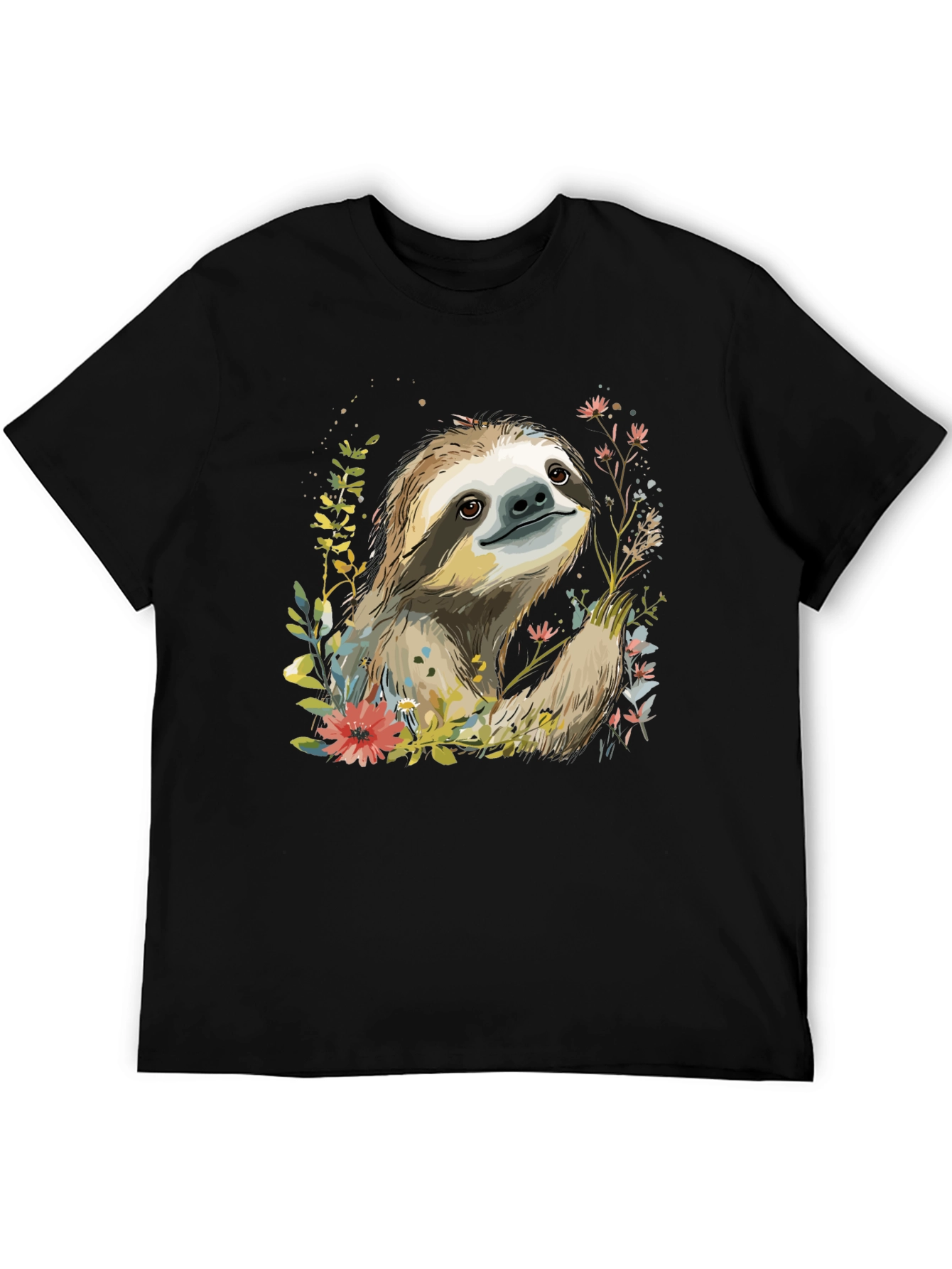 Black Sloth & Floral Print Black T-Shirt view 5