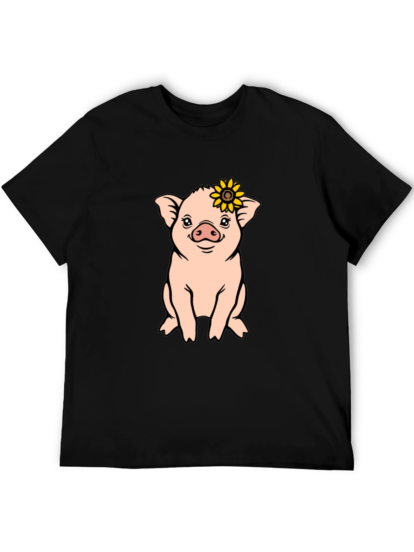 Black Cute Pig with Sunflower Graphic T-Shirt view 5